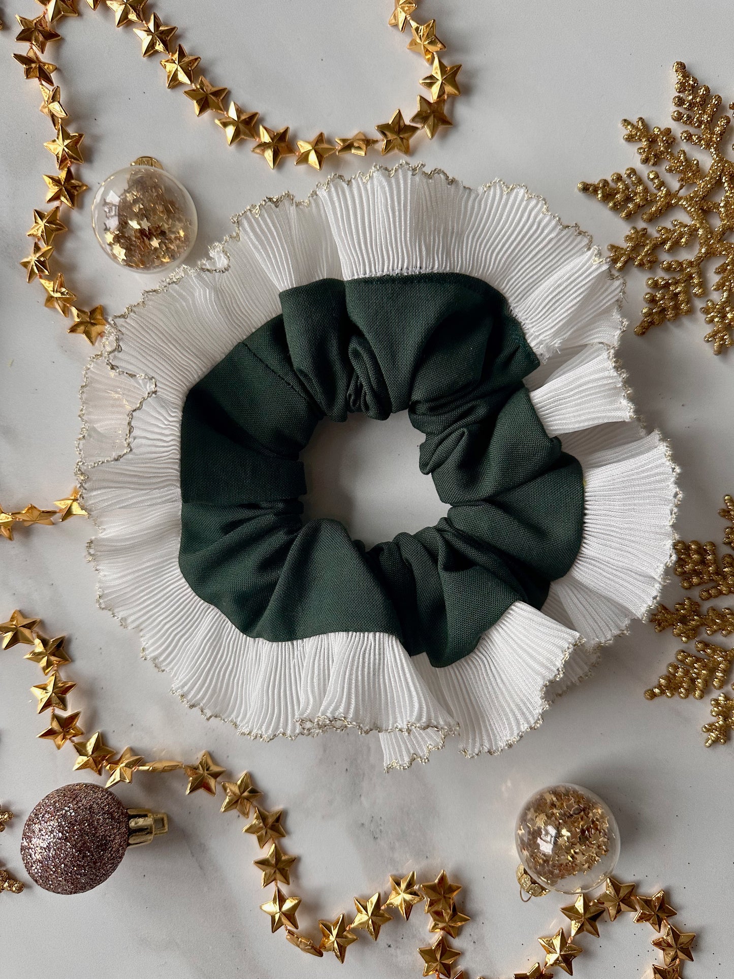 Forest Green Scrunchie with White and Gold Frill Trim