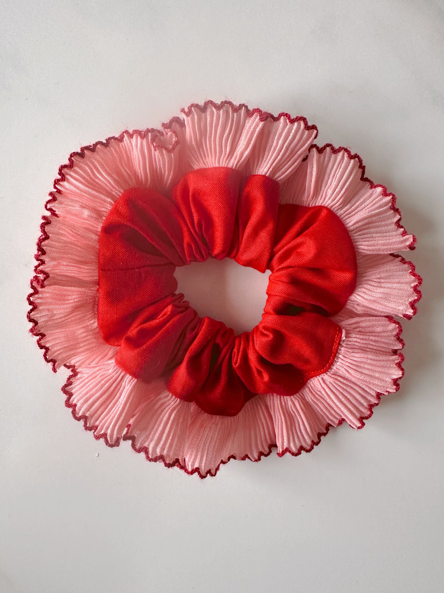 Mini Oversized Red Scrunchie with Pink and Red Frill Trim