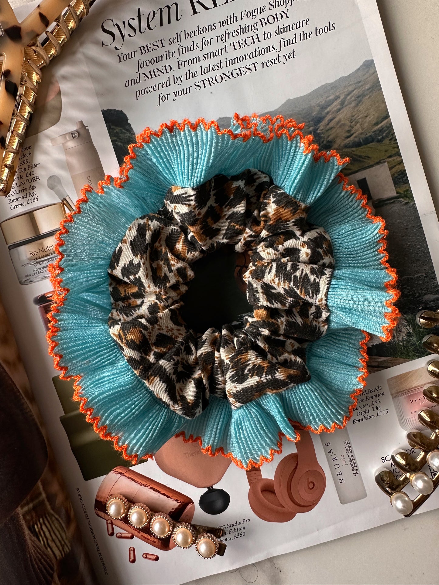 Mini Oversized Leopard Print Scrunchie with a Blue Frill Trim