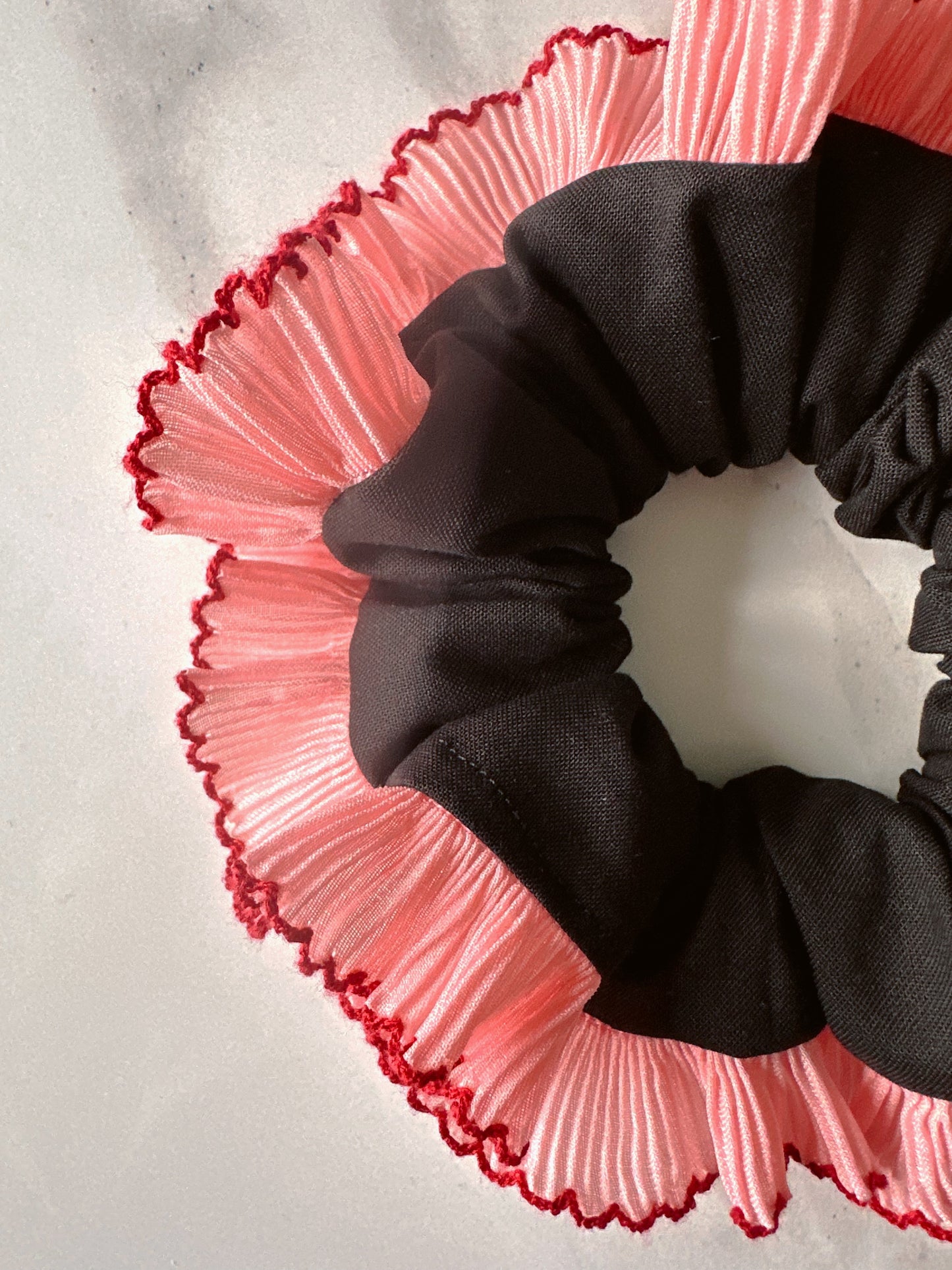 Handmade XL Black Cotton Scrunchie with Pink Frill Trim