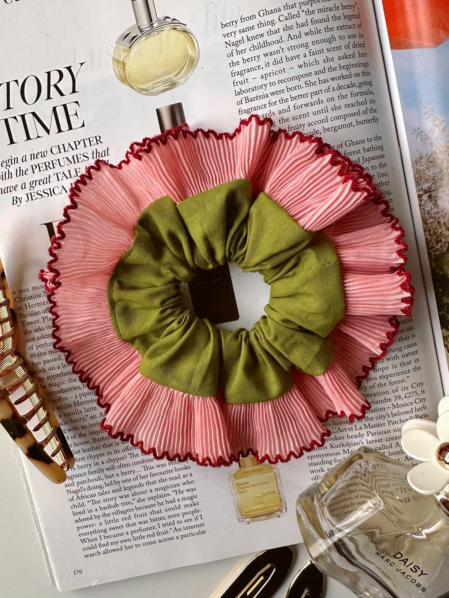 Smaller Oversized Olive Green Scrunchie with Pink and Red Frill Trim