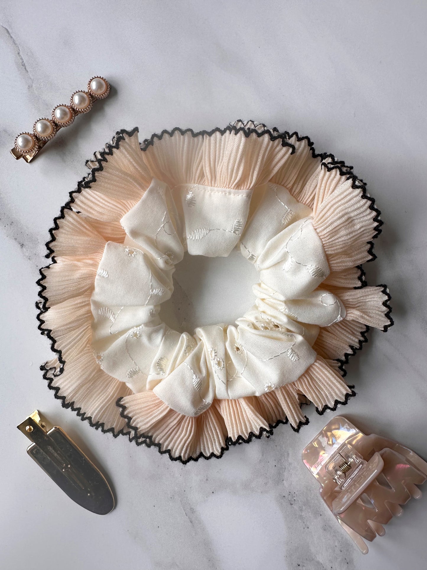 Cream Broderie Anglaise Scrunchie with Cream and Black Frill Trim