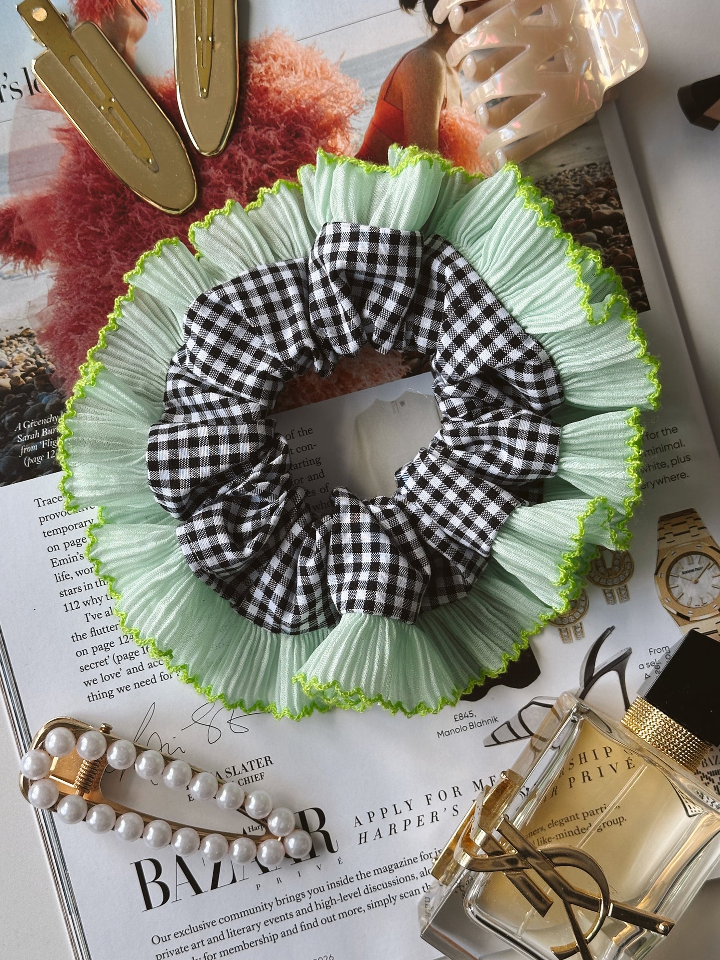 Black Gingham Scrunchie with Mint Green Frill Trim