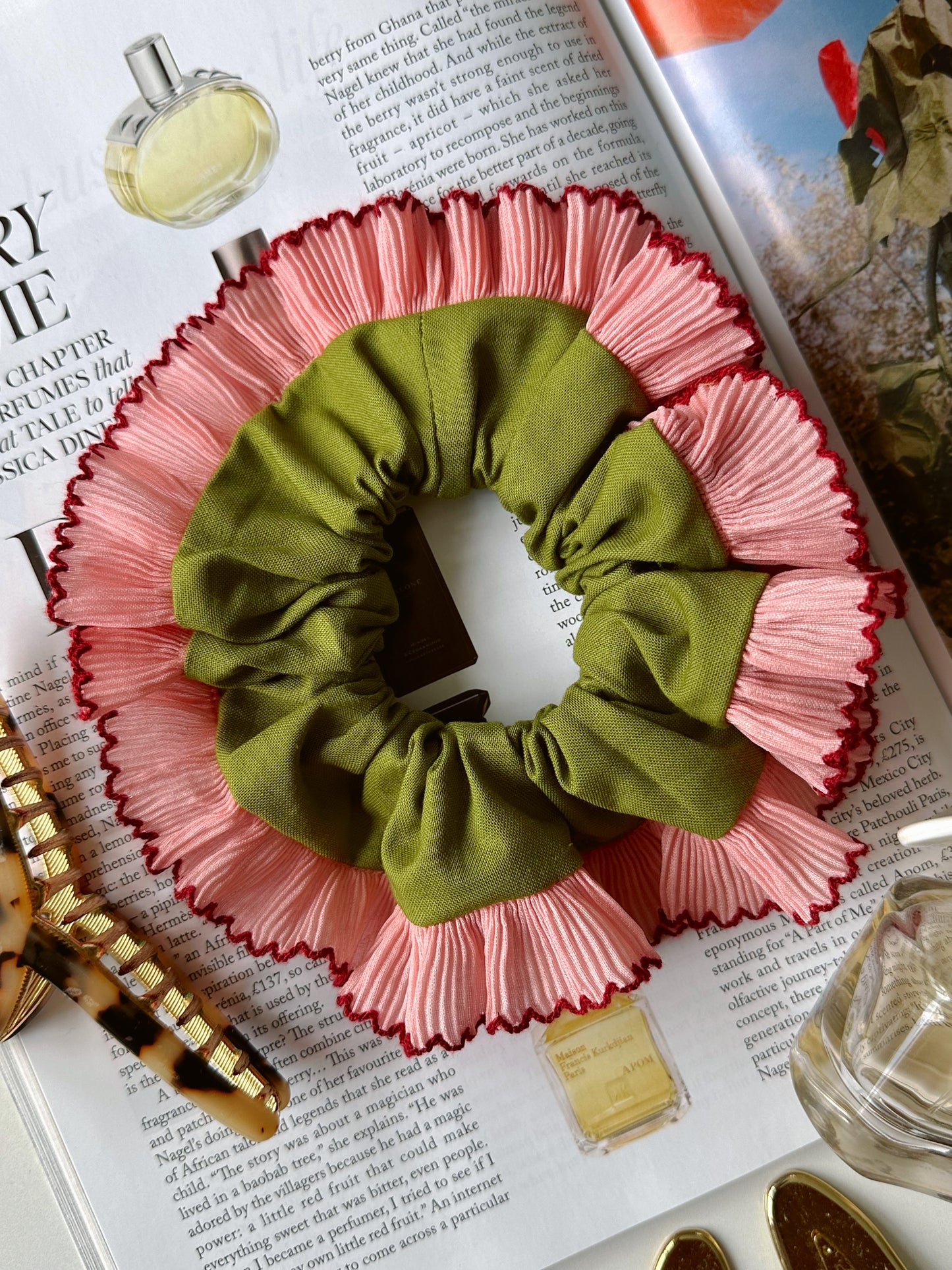 Handmade XL Olive Green Scrunchie with Pink Frill Trim