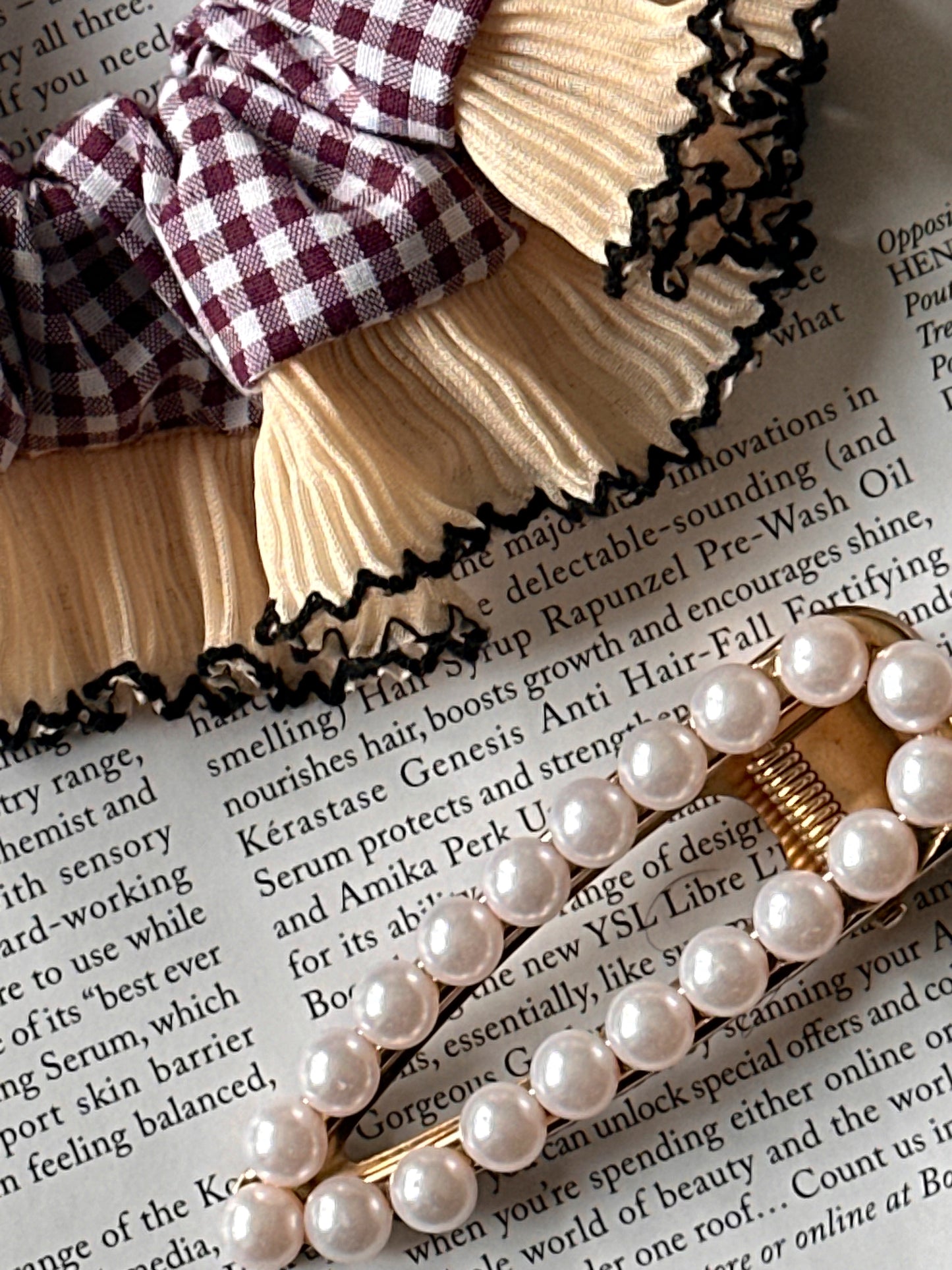 Mini Mulberry Gingham Scrunchie with Cream Frill Trim