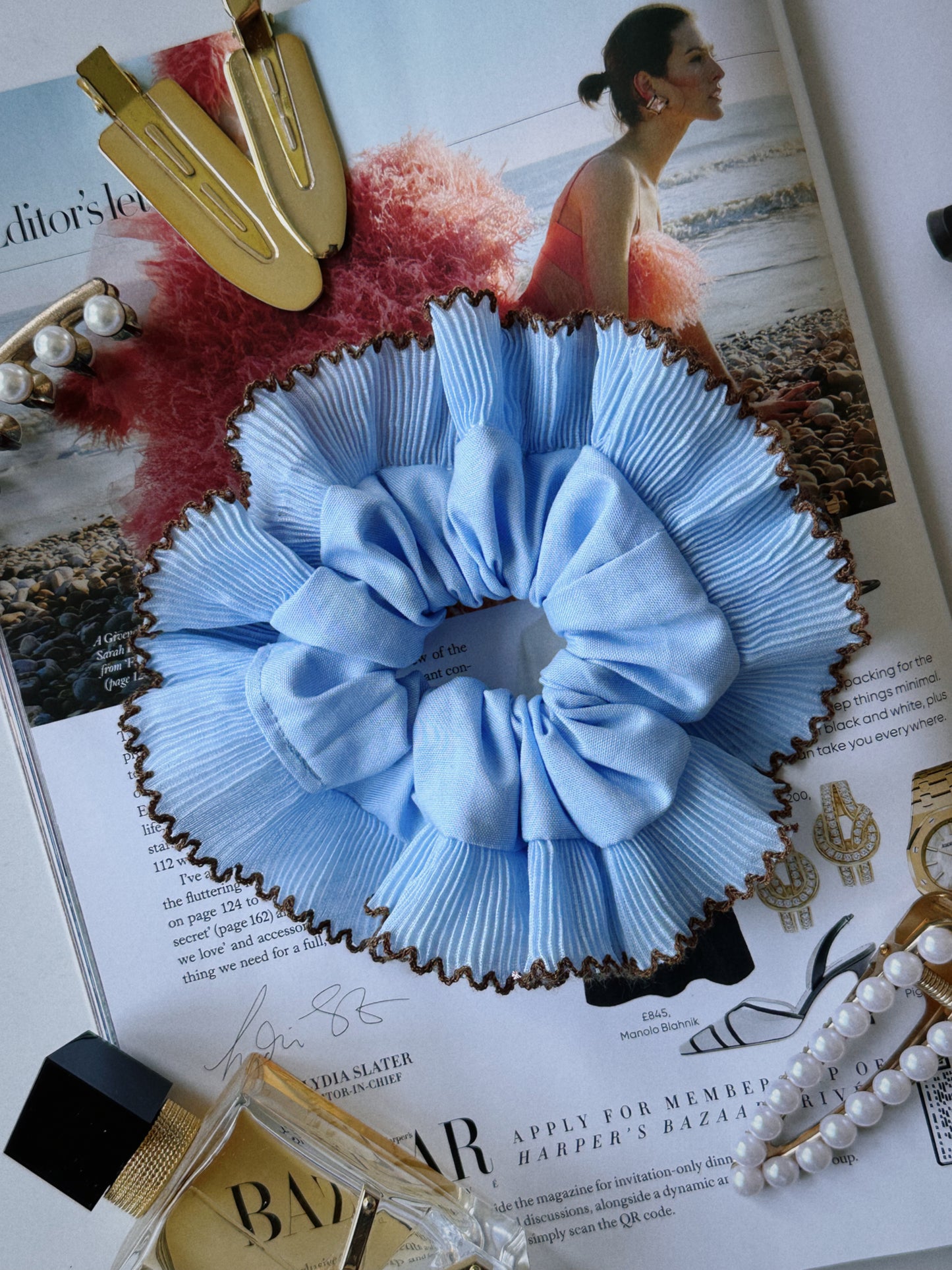Oversized Light Blue Scrunchie with Baby Blue Frill Trim