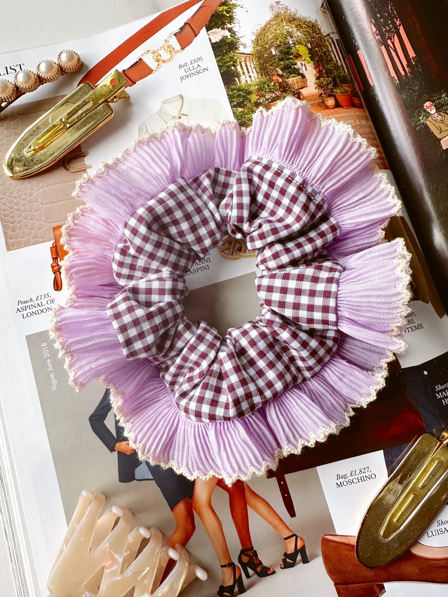 Mini Mulberry Gingham Scrunchie with Purple Frill Trim