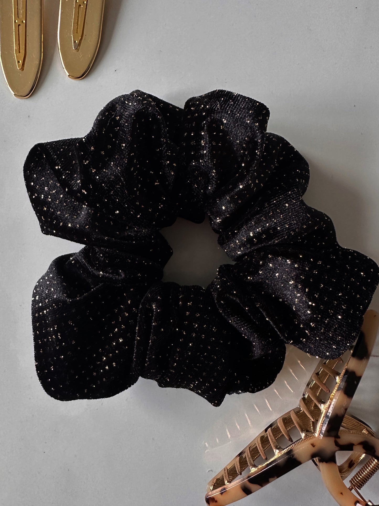 Oversized Black Velvet Gold Glitter Scrunchie