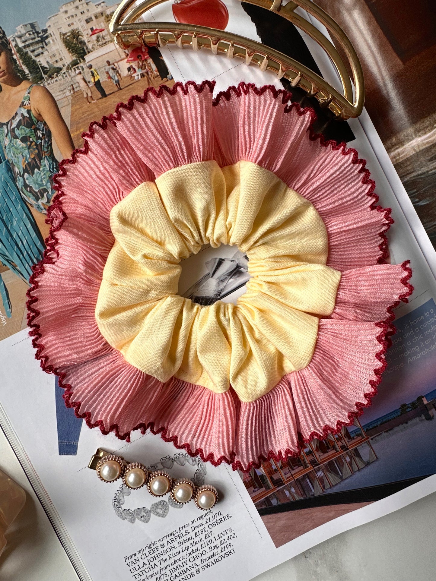 Mini Oversized Butter Yellow Scrunchie with Pink Frill Trim