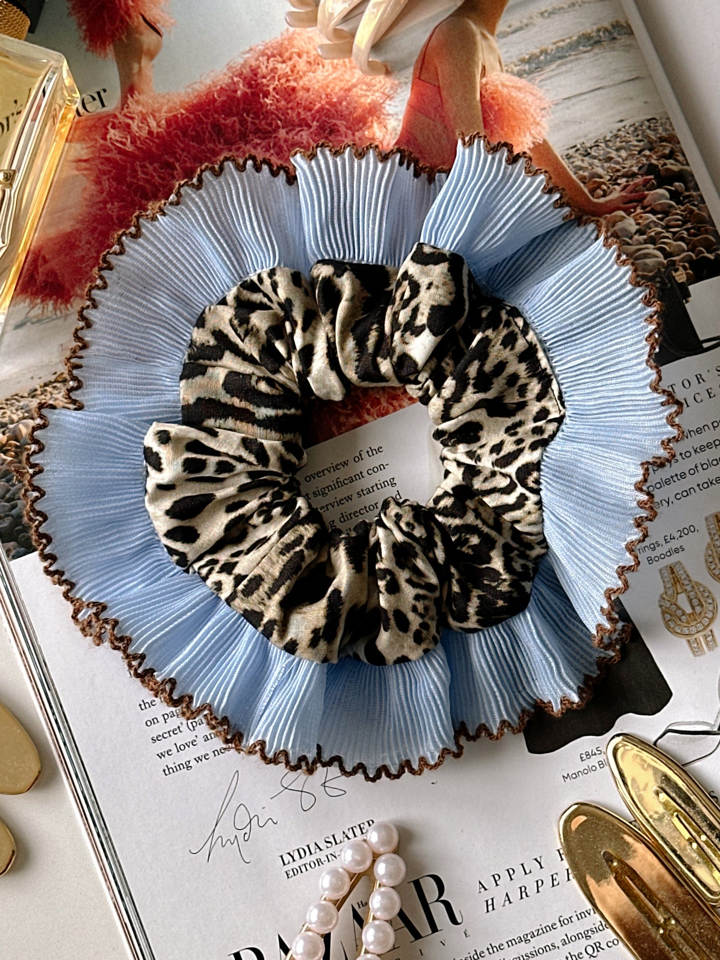 Oversized Leopard Print Scrunchie with Baby Blue Frill Trim