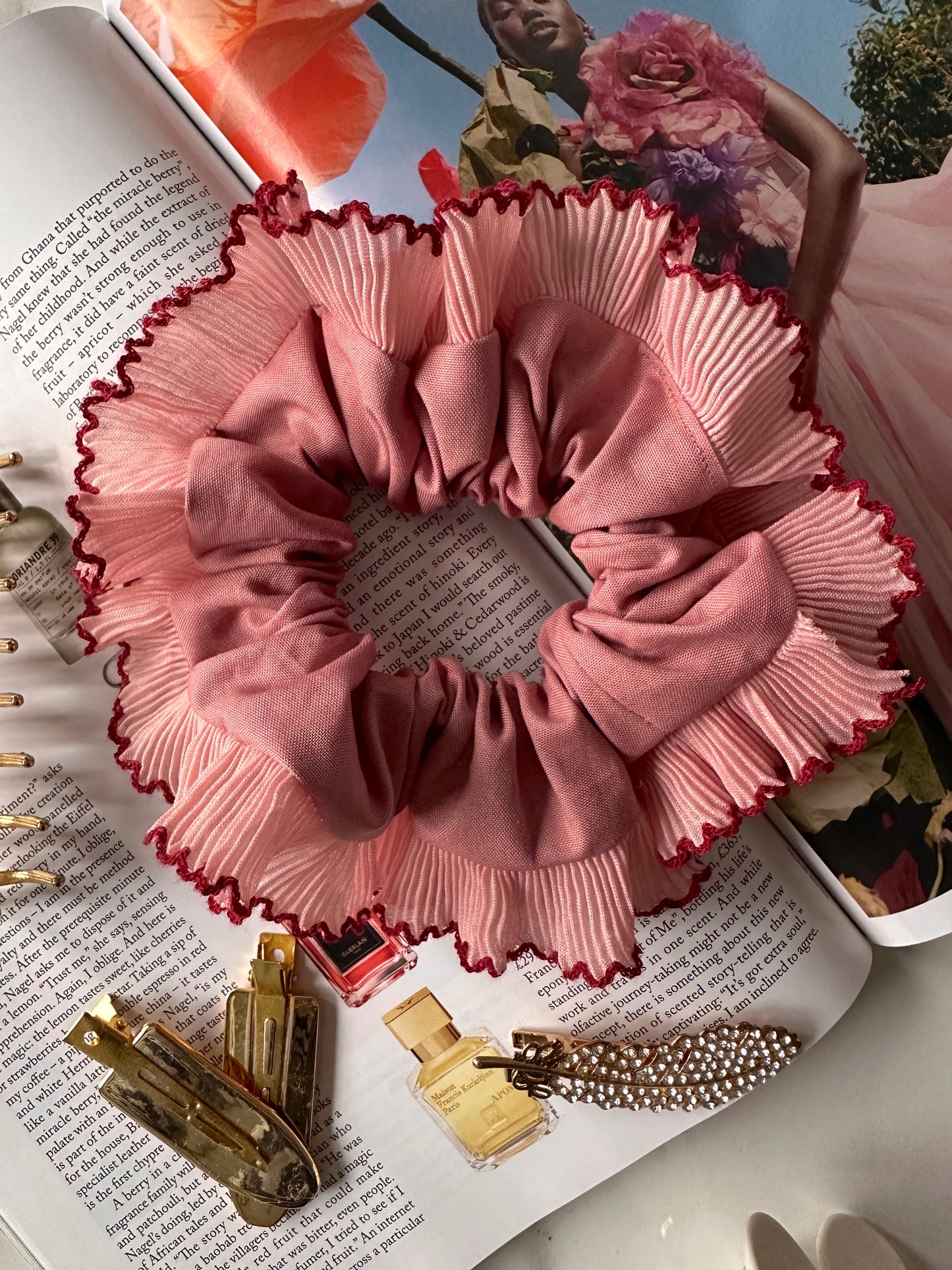 XL Dusk Pink Scrunchie with Pink and Red Frill Trim