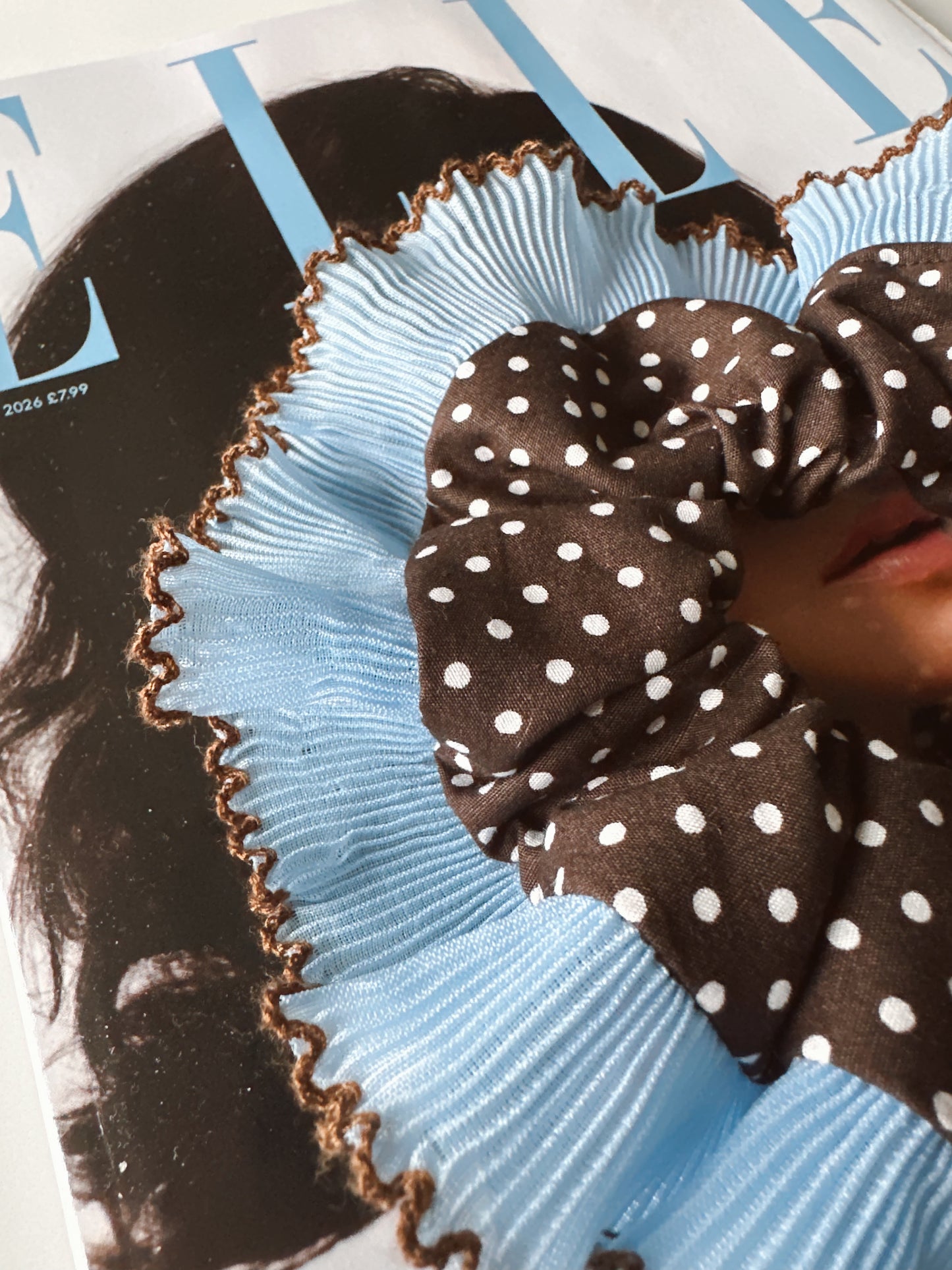 Oversized Dark Brown Polkadot Scrunchie with Baby Blue Frill Trim