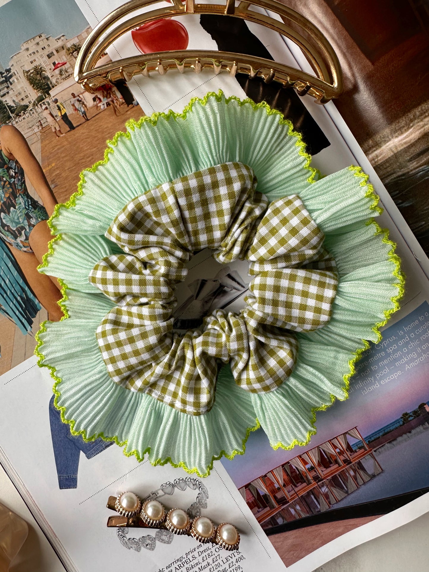 Mini Oversized Olive Green Gingham Scrunchie with Green Frill Trim
