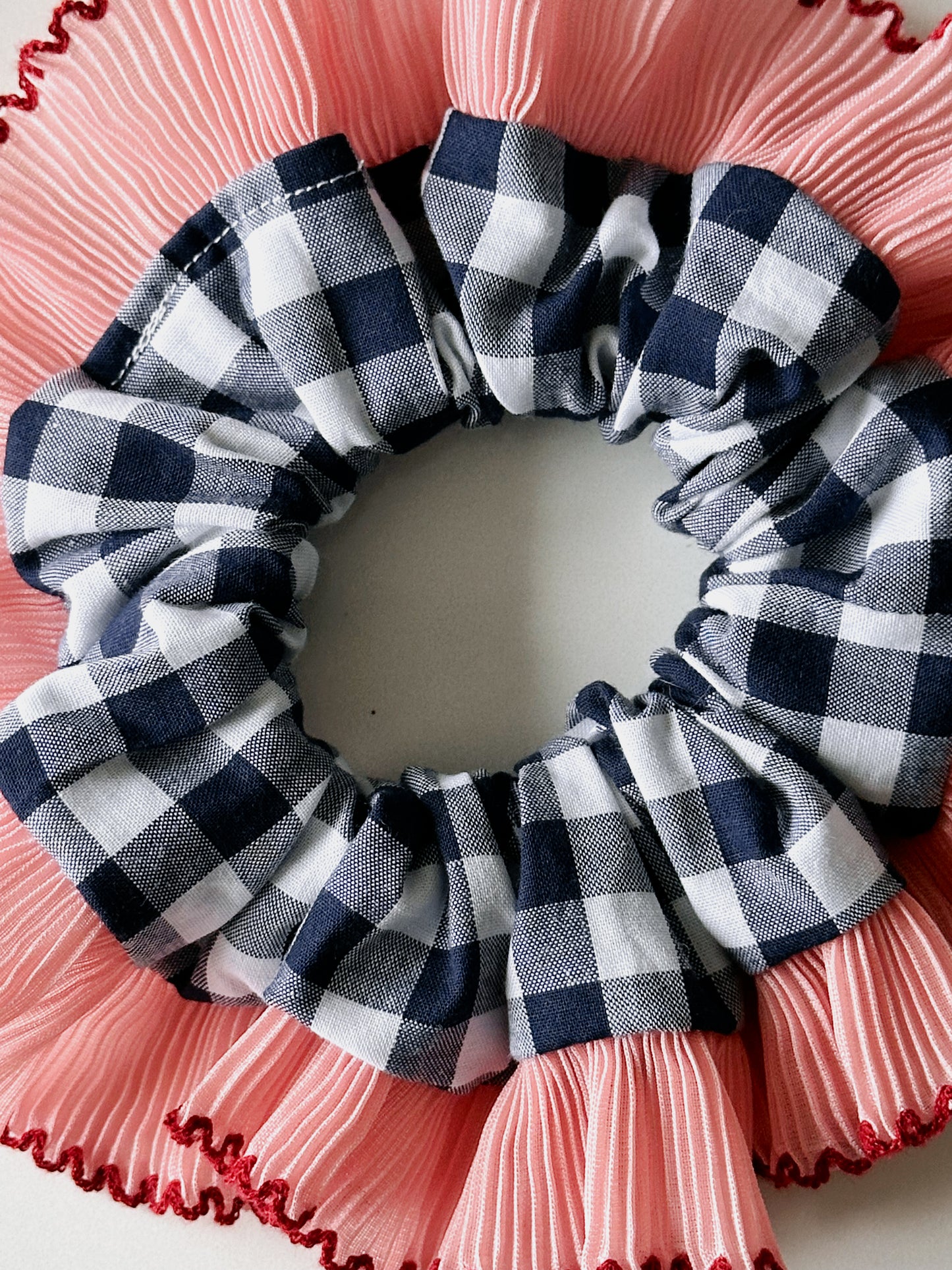 Handmade XL Navy Blue Gingham Scrunchie with Pink Frill Trim