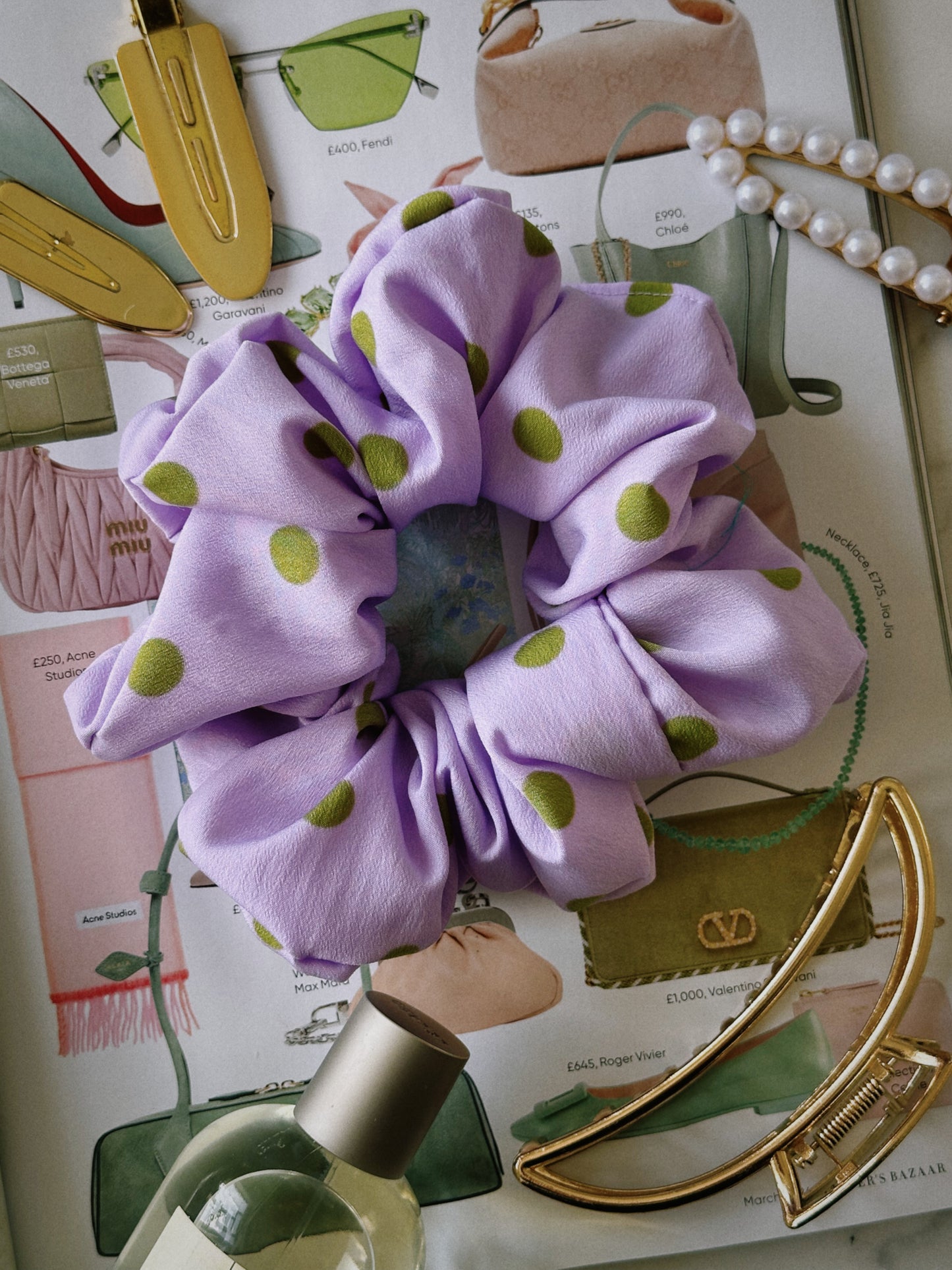 XL Purple and Green Polkadot Scrunchie
