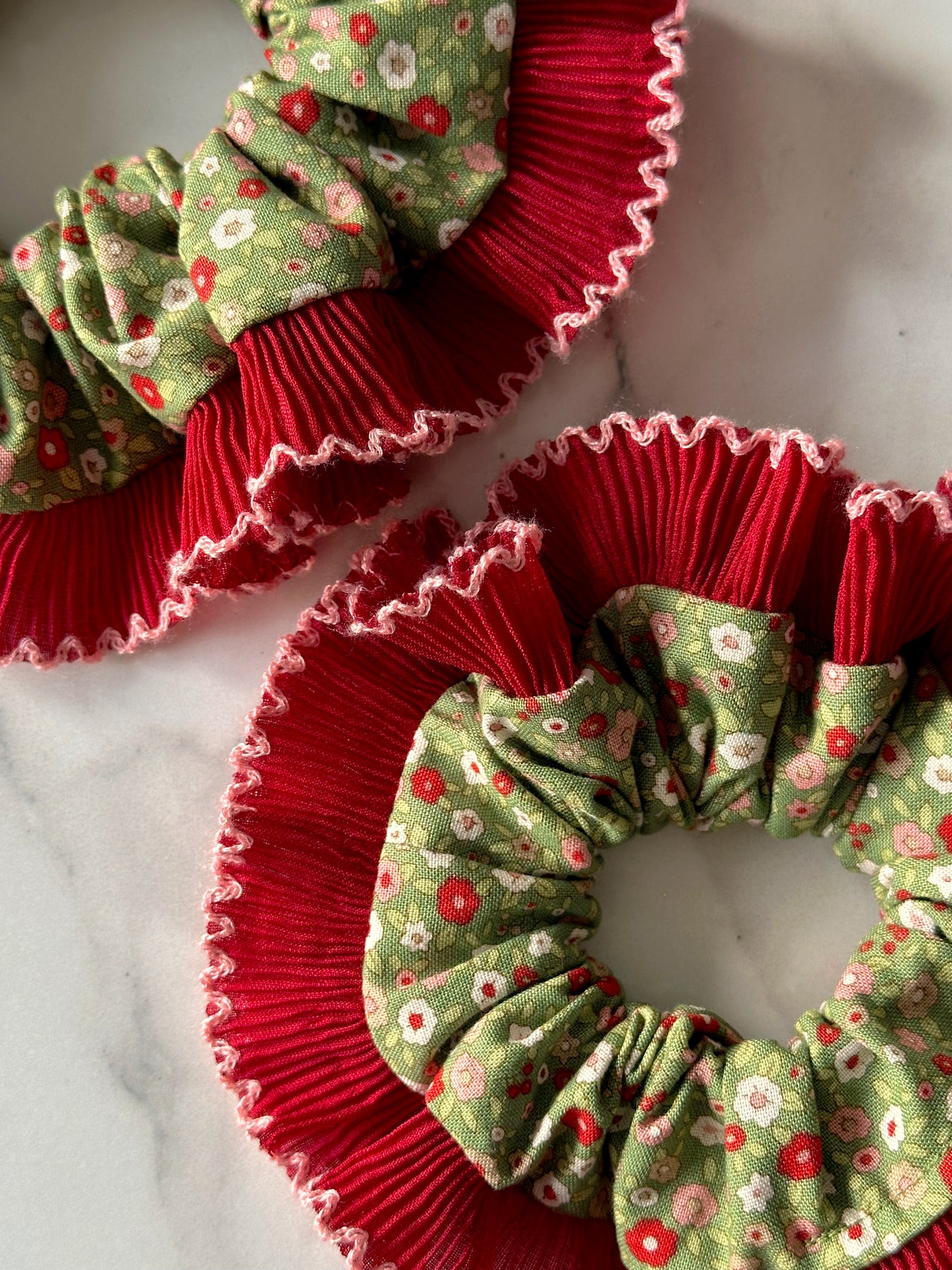Smaller Oversized Dark Green Ditsy Floral Scrunchie with Red Frill Trim