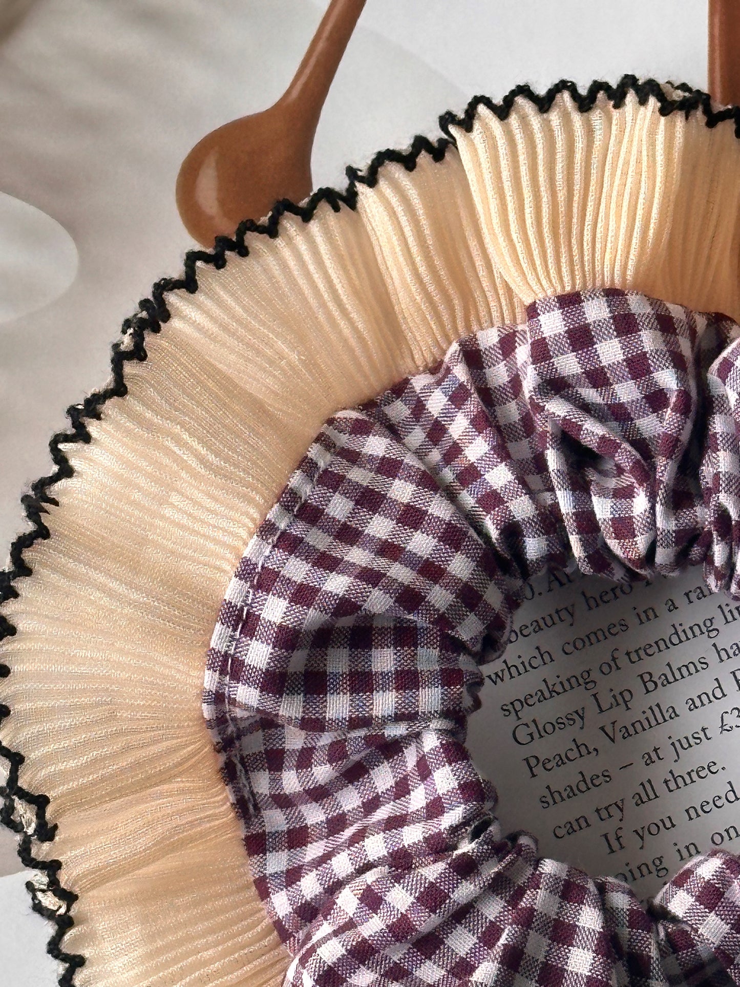 Mini Mulberry Gingham Scrunchie with Cream Frill Trim