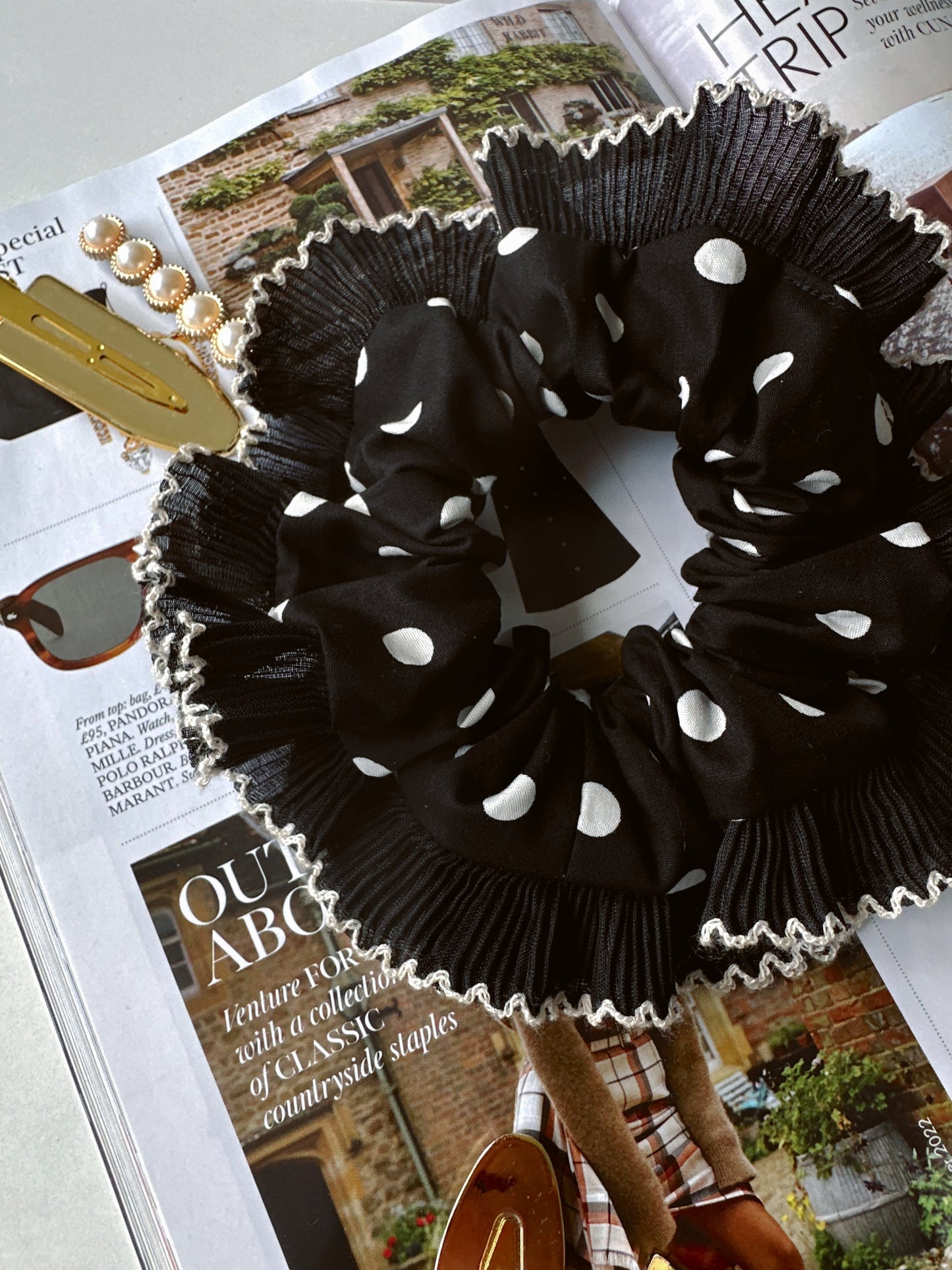 XL Black Polkadot Scrunchie with Black and White Frill Trim