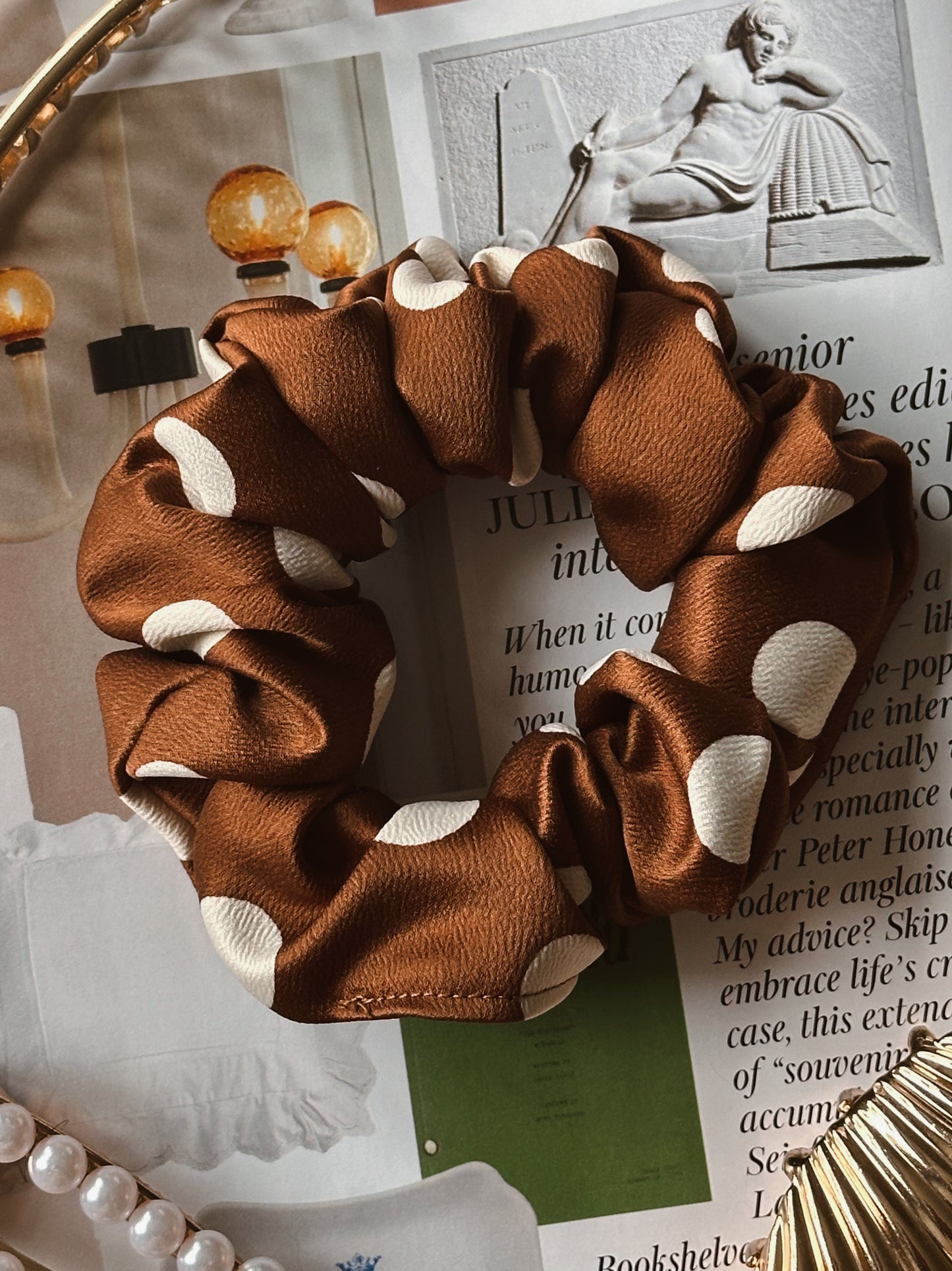 Brown and White Polkadot Satin Scrunchie