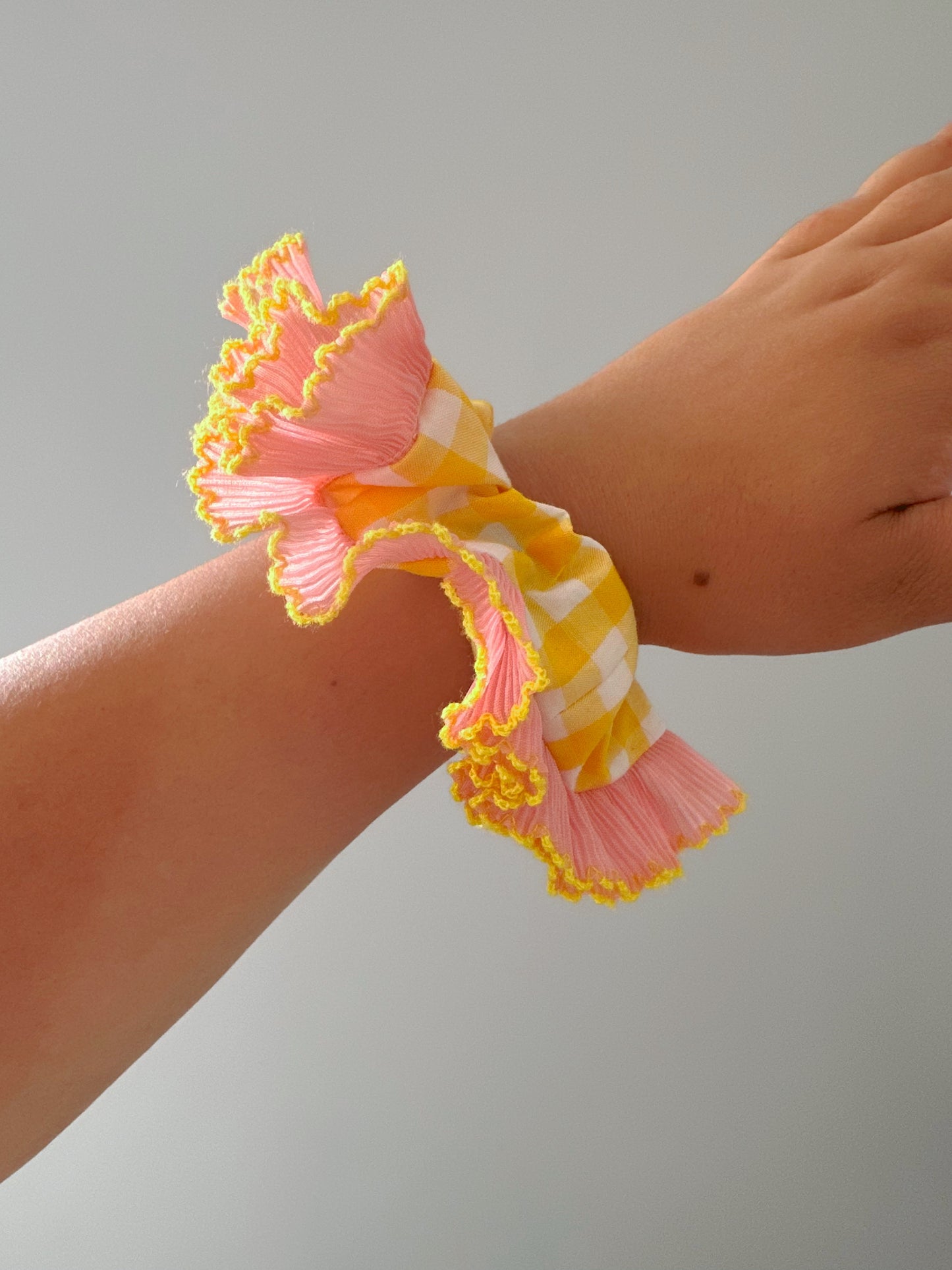 Handmade XL Yellow Gingham Scrunchie with Pink and Yellow Frill Trim