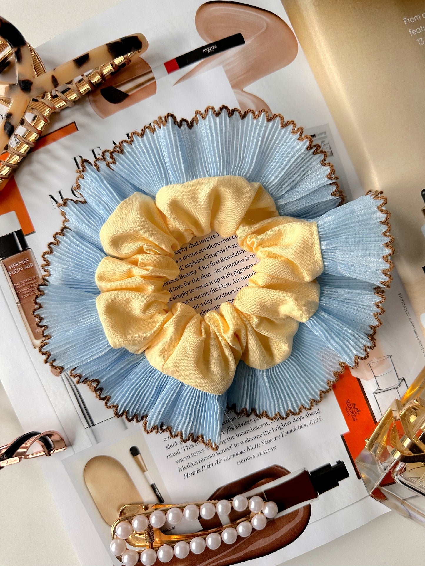 Handmade XL Butter Yellow Scrunchie with Blue and Brown Frill Trim