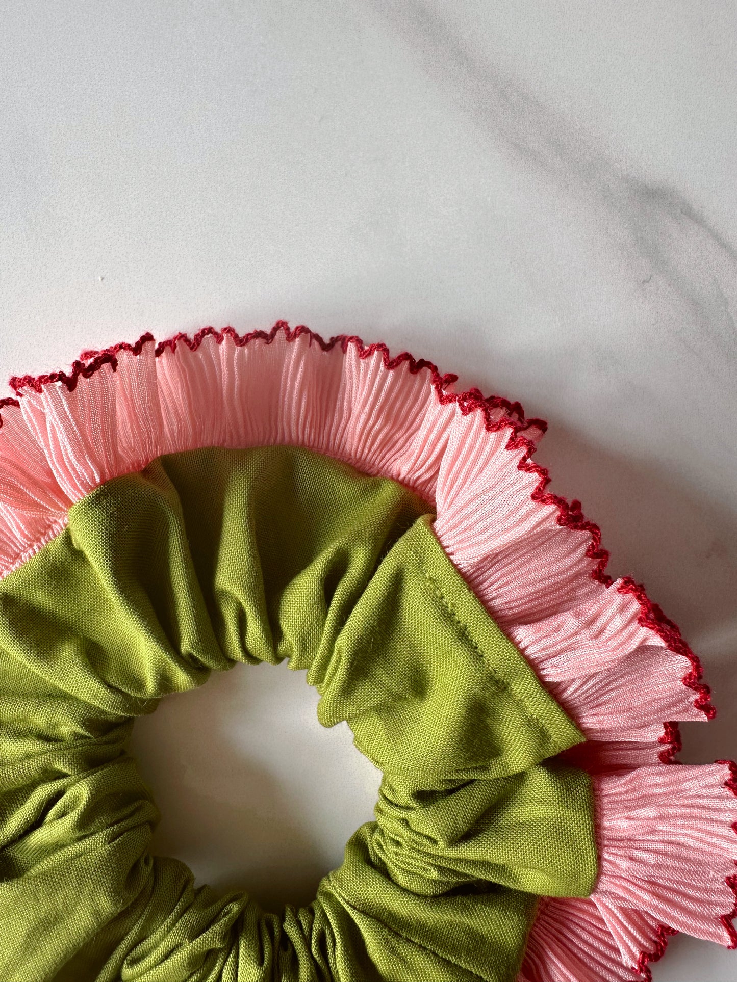 Handmade XL Olive Green Scrunchie with Pink Frill Trim