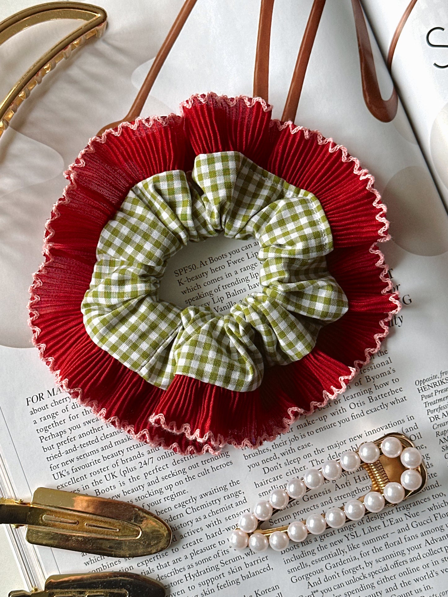 Mini Olive Green Gingham Scrunchie with Red Frill Trim