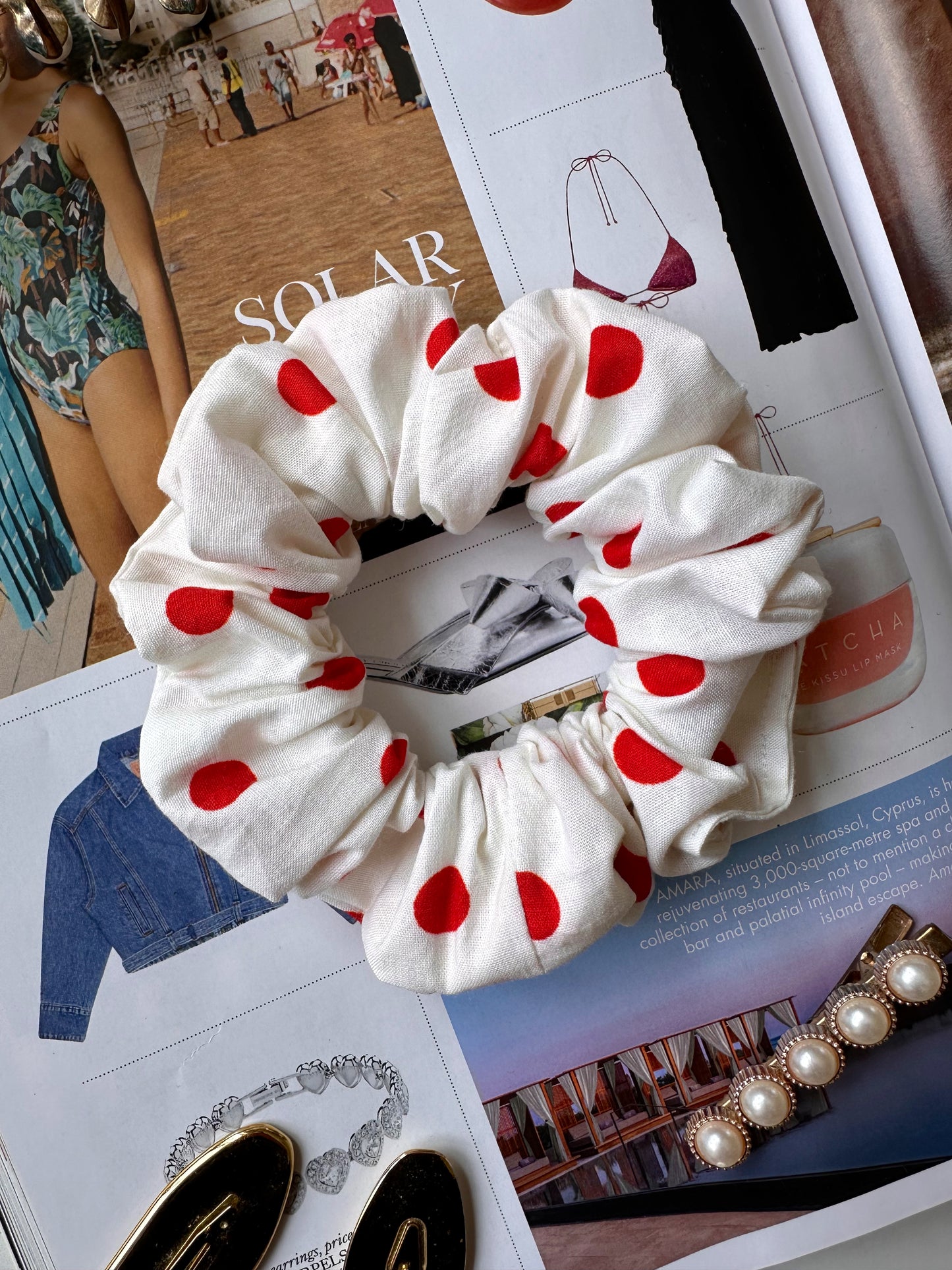 White and Red Polkadot Scrunchie