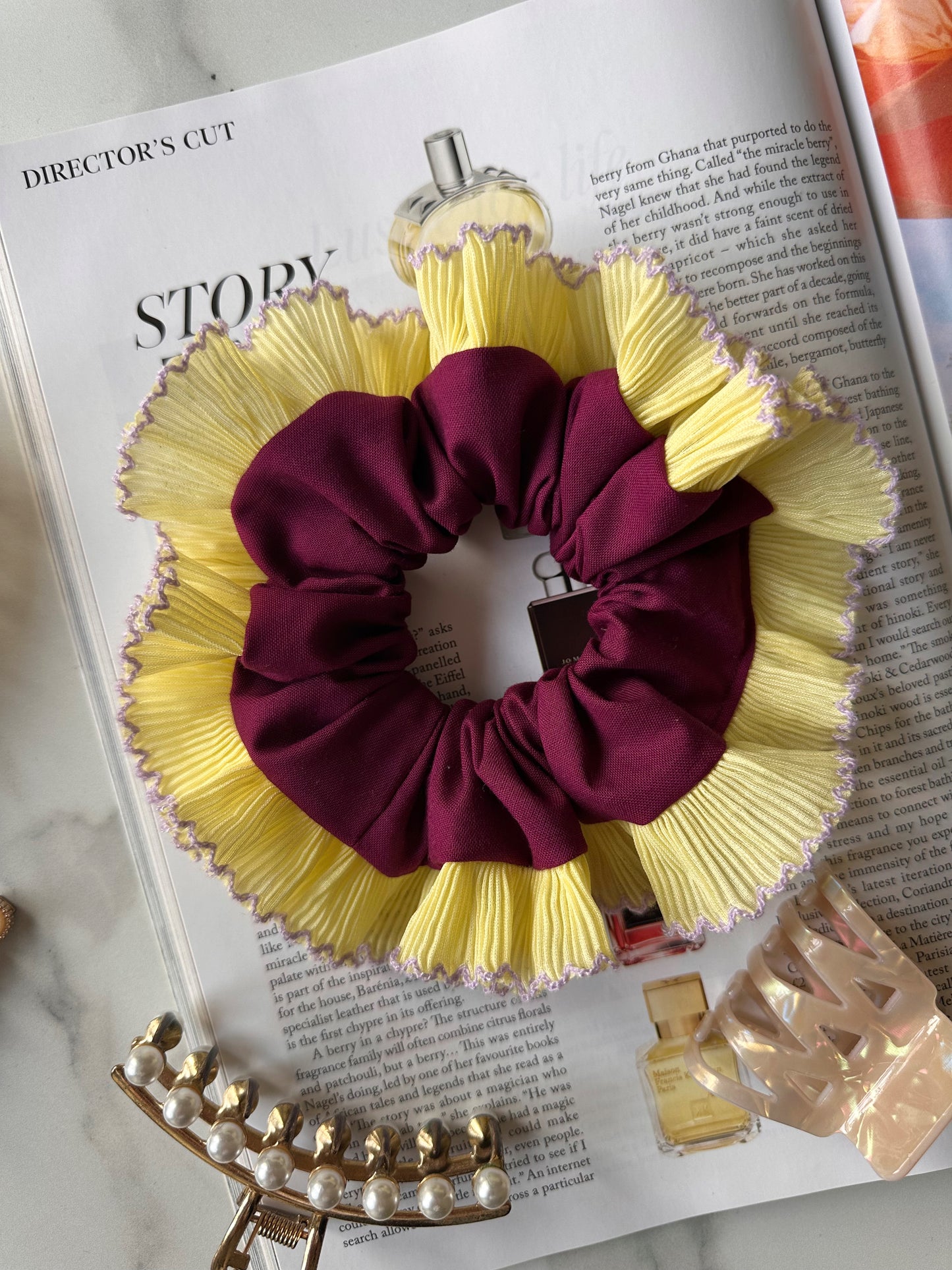 XL Purple Scrunchie with Yellow Frill Trim