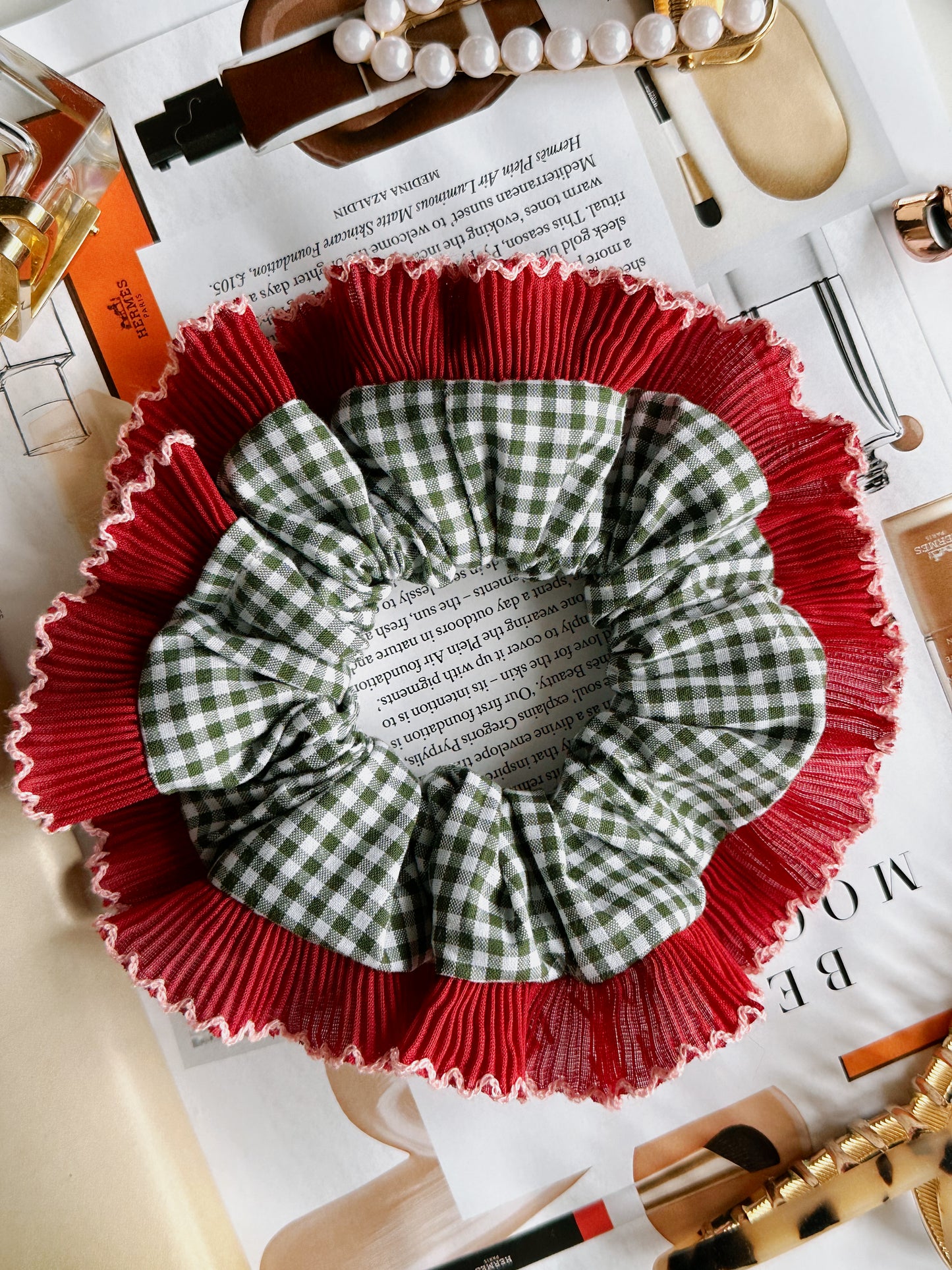Handmade XL Dark Green Gingham Scrunchie with Red Frill Trim