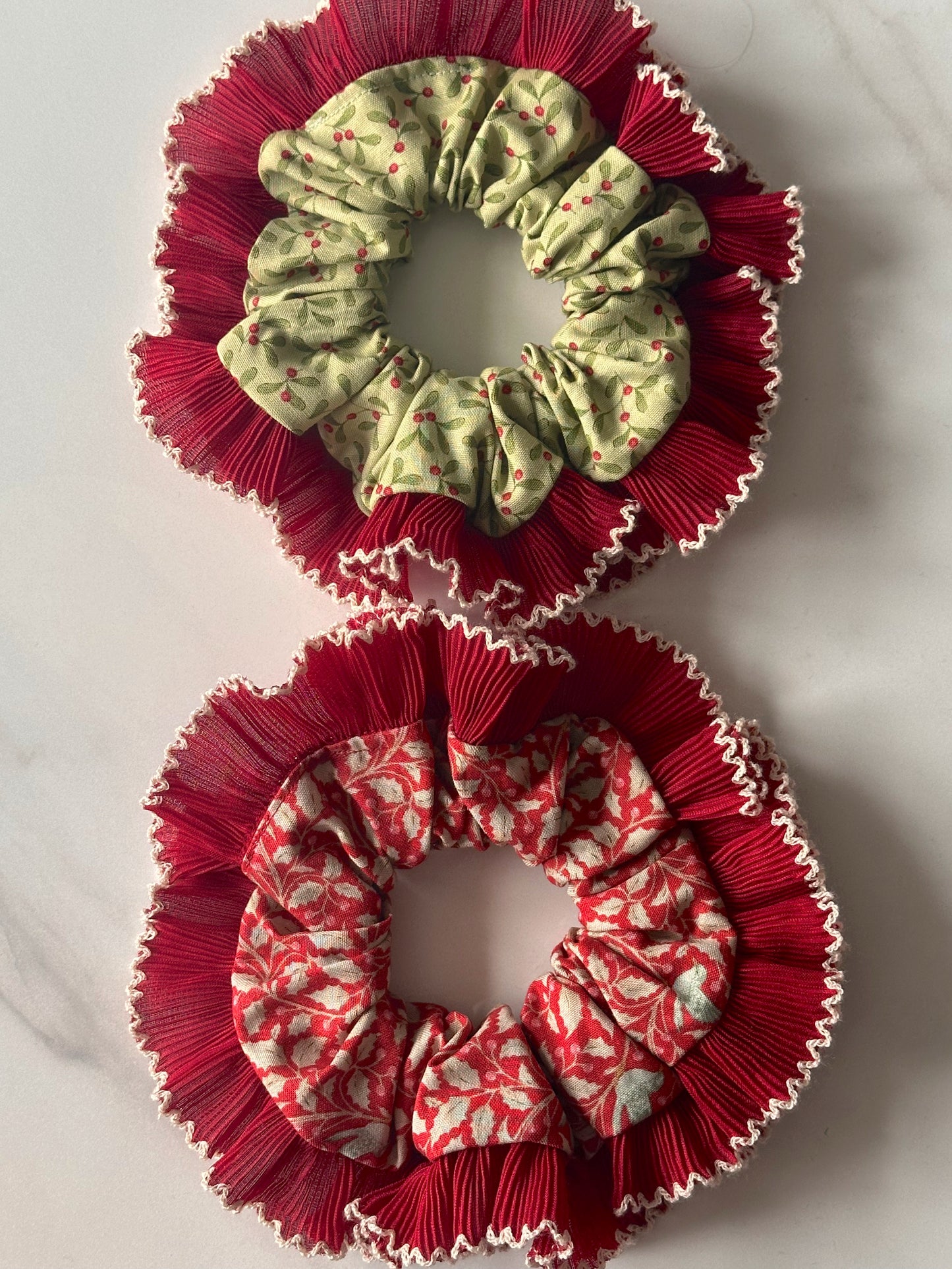 Red Christmas Print Scrunchie with Red and White Frill Trim