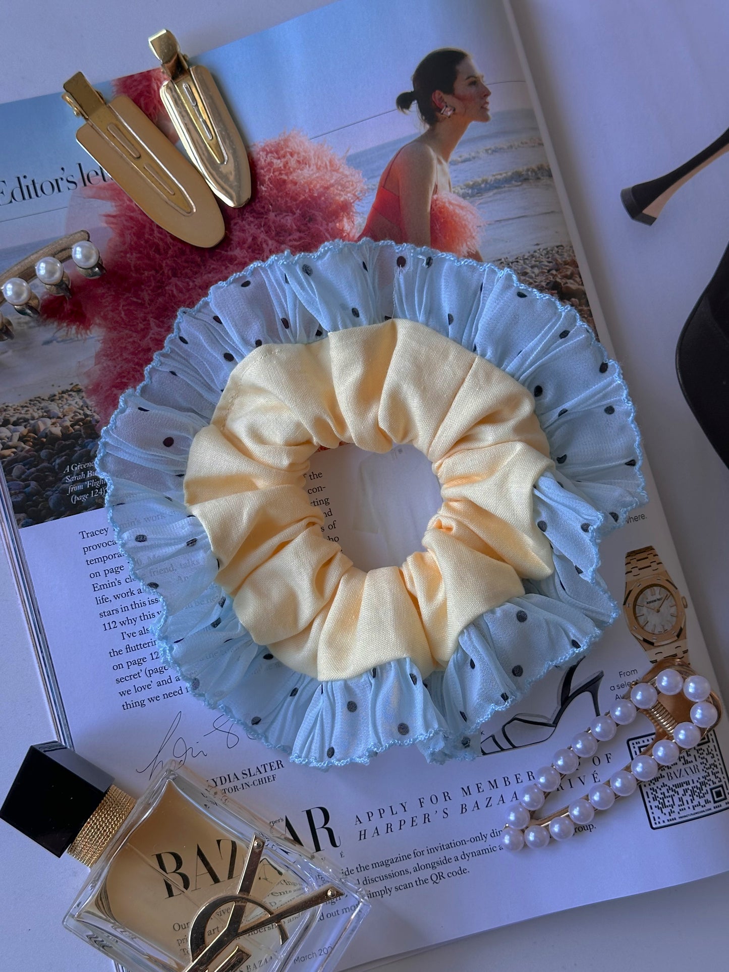 Oversized Butter Yellow  Scrunchie with Blue Polkadot Trim
