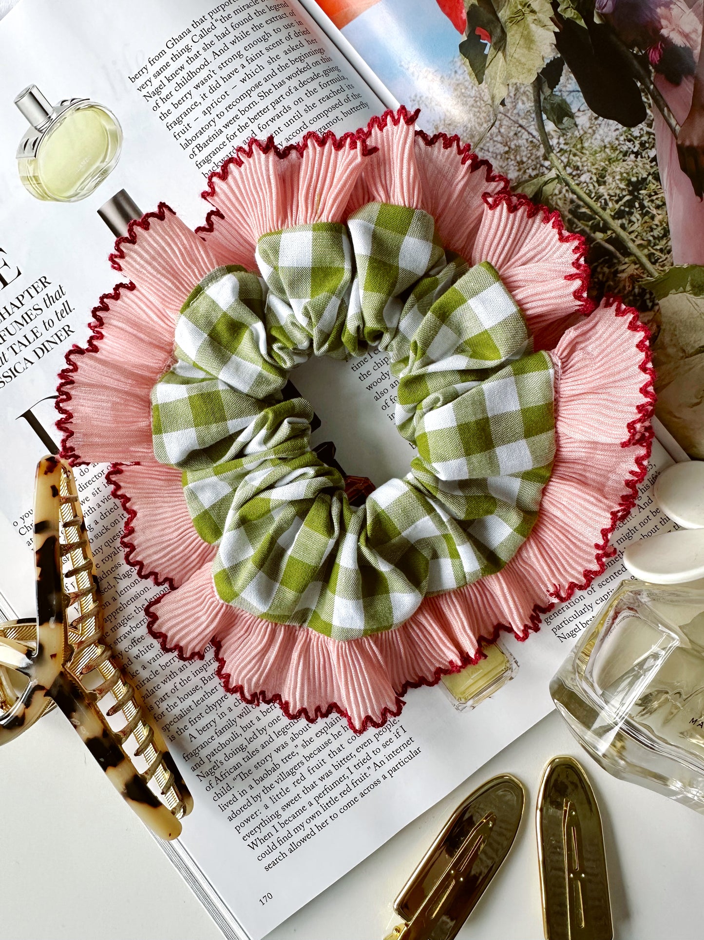 Handmade XL Olive Green Gingham Scrunchie with Pink Frill Trim