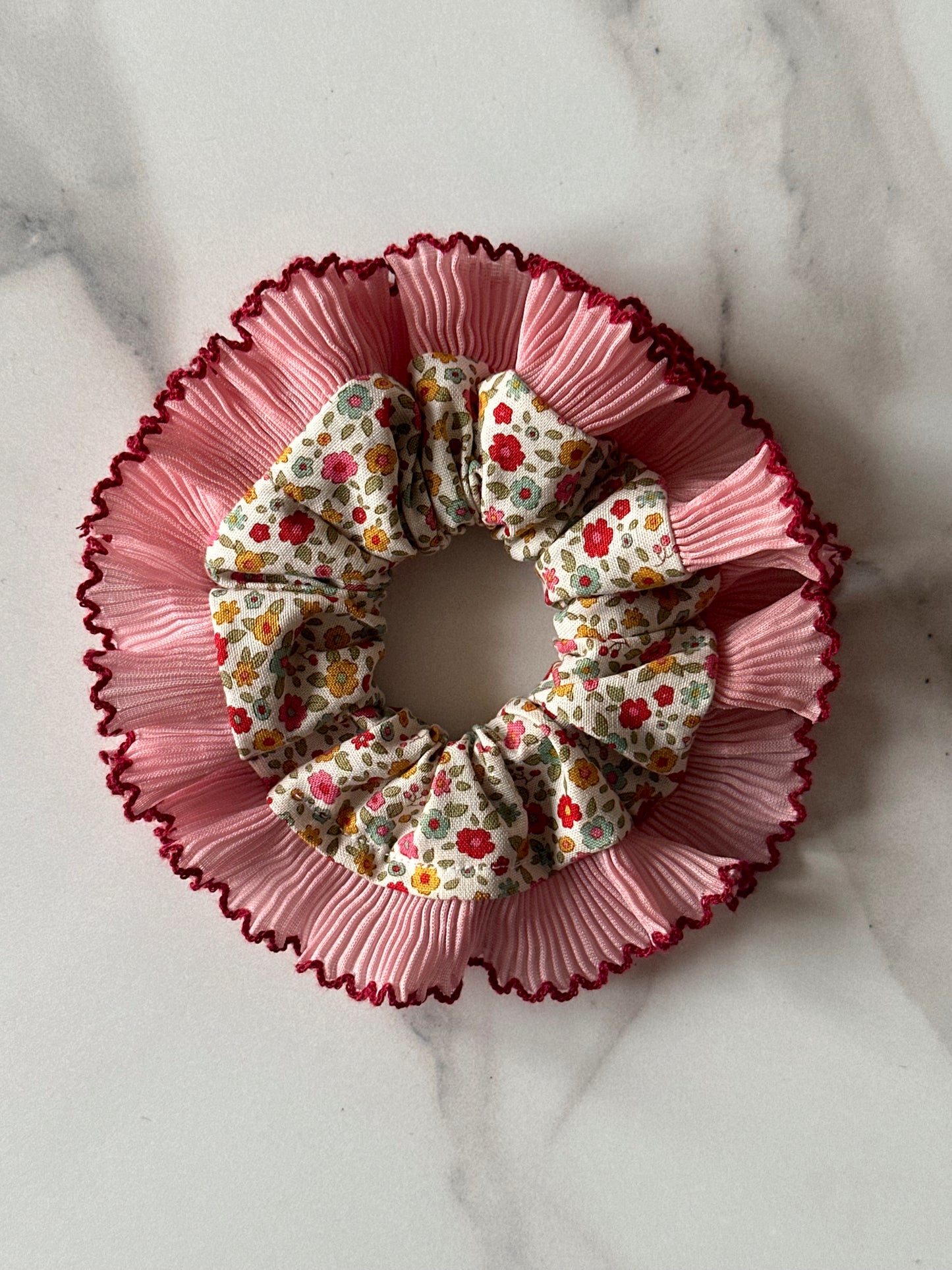 Mini Cream Floral Scrunchie with Pink Frill Trim