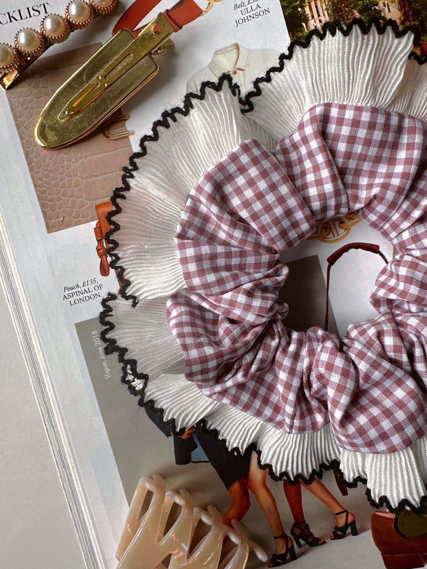 Handmade XL Rose Gingham Scrunchie with White and Black Frill Trim