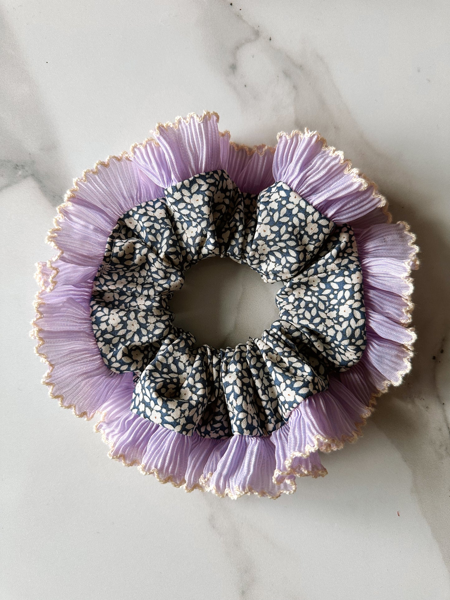 XL Blue Floral Scrunchie with Purple and White Frill Trim