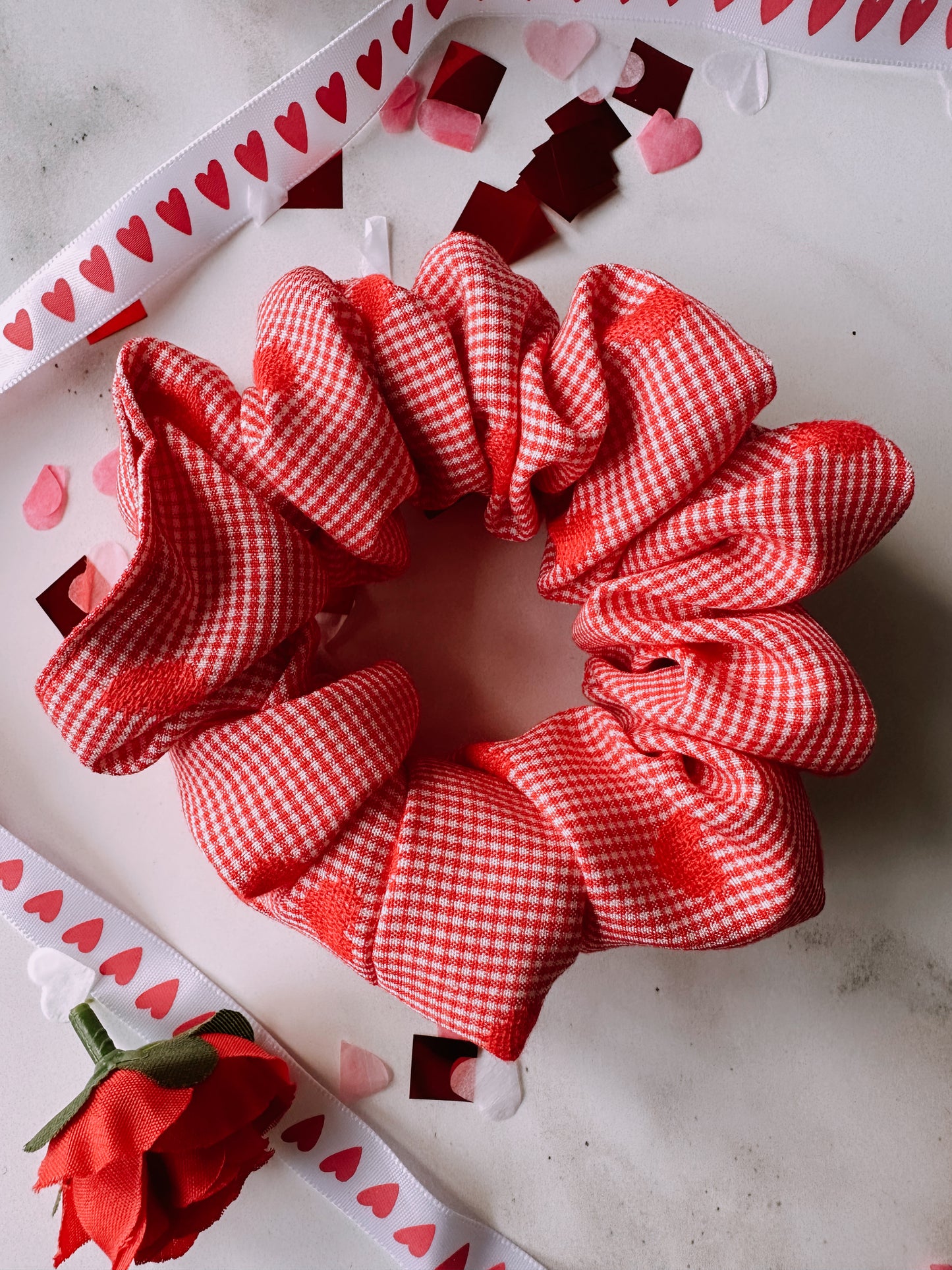 Valentines Gingham and Heart Print Scrunchie