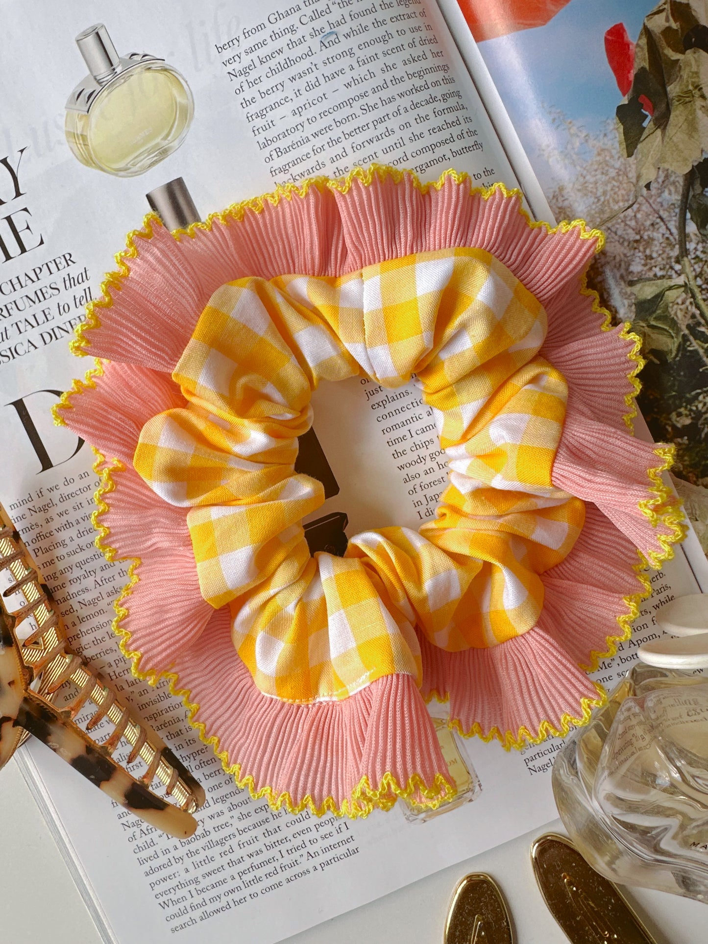 Handmade XL Yellow Gingham Scrunchie with Pink and Yellow Frill Trim
