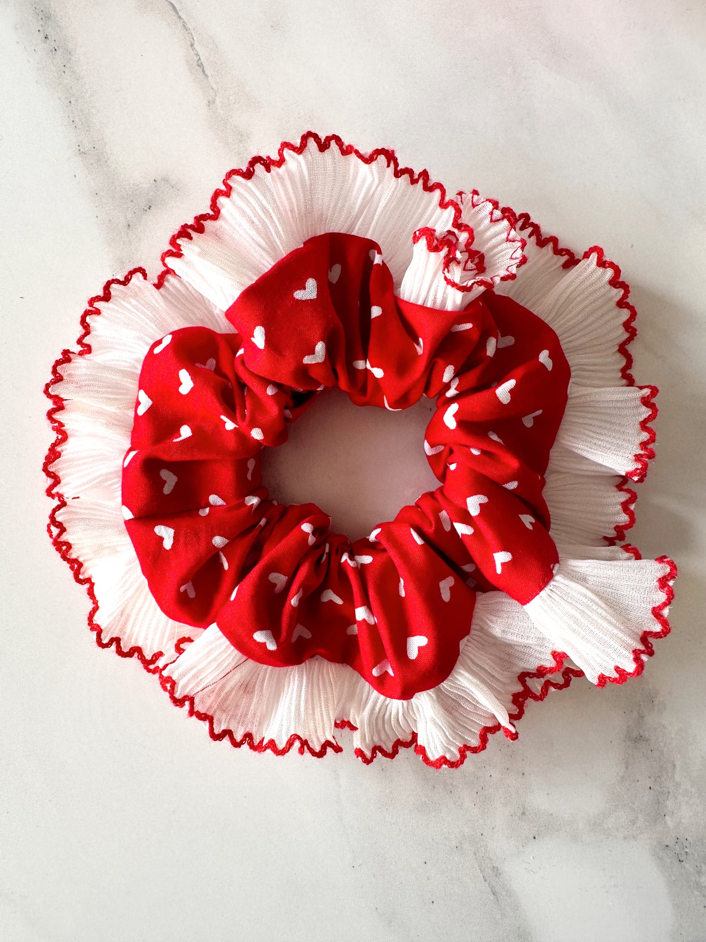 XL Valentines Scrunchie with White and Red Frill Trim