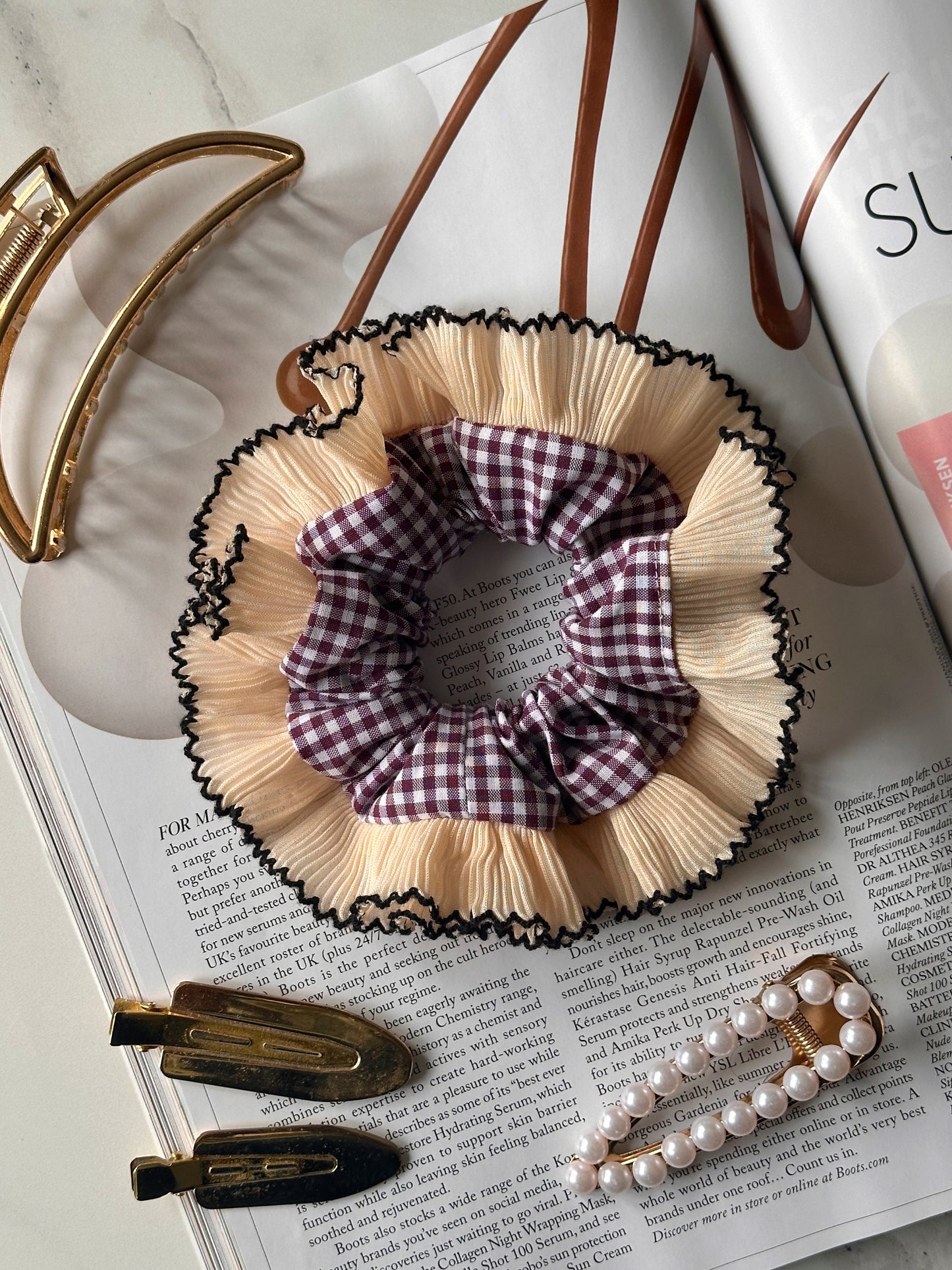 Mini Mulberry Gingham Scrunchie with Cream Frill Trim