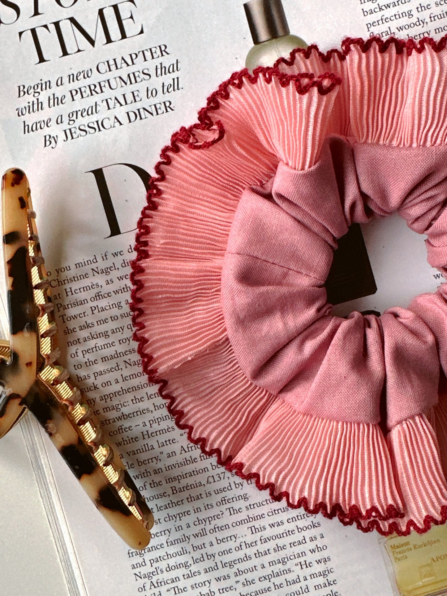 Smaller Oversized Dusk Pink Scrunchie with Pink and Red Frill Trim