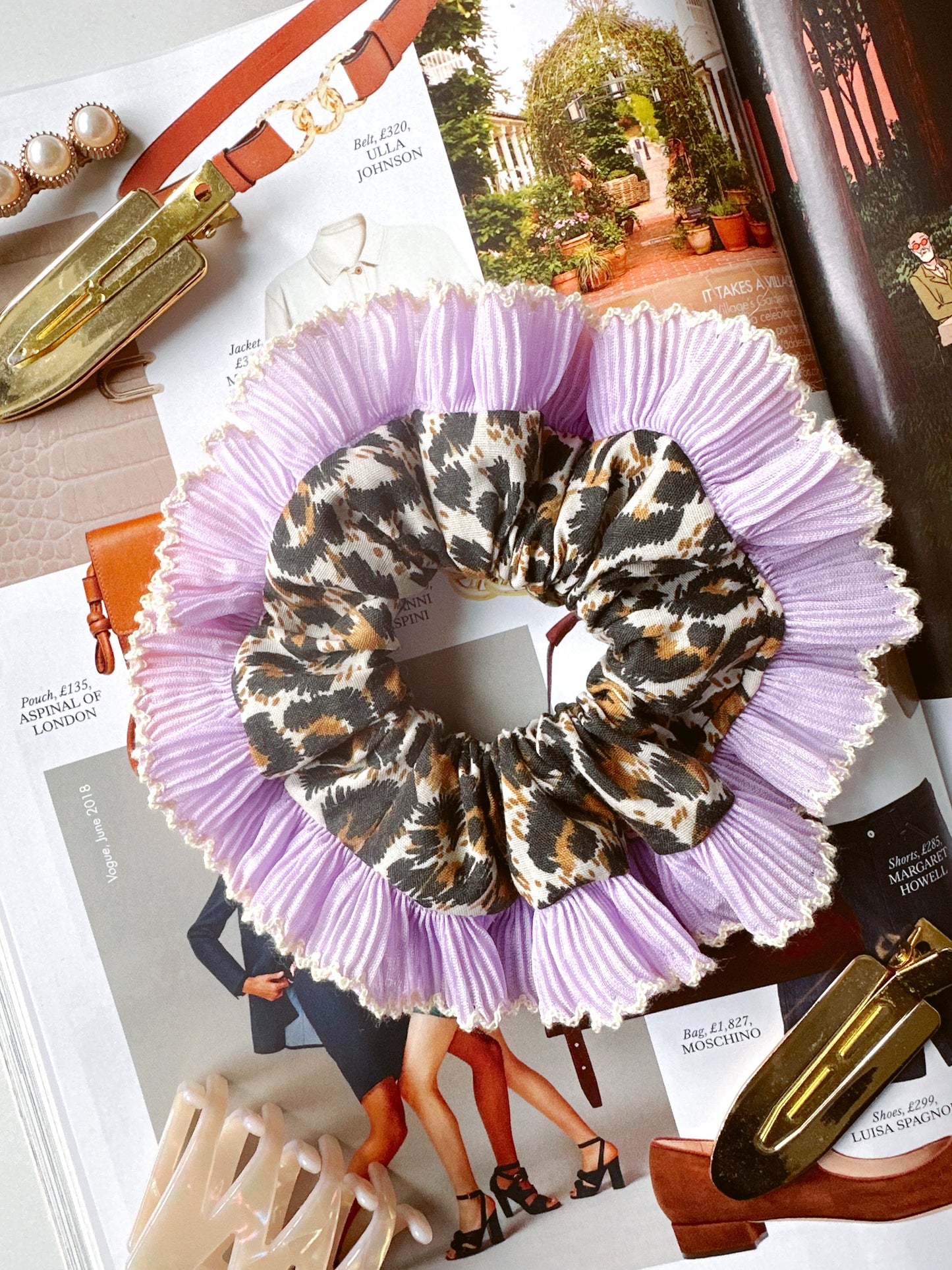 Mini Oversized Leopard Print Scrunchie with a Purple Frill Trim