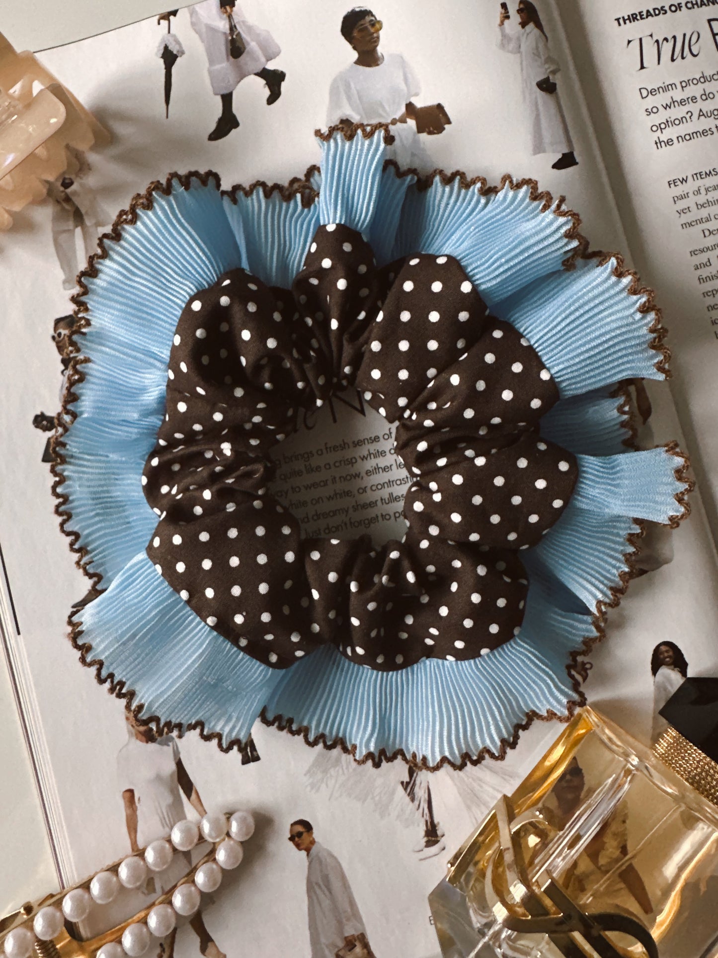 Oversized Dark Brown Polkadot Scrunchie with Baby Blue Frill Trim