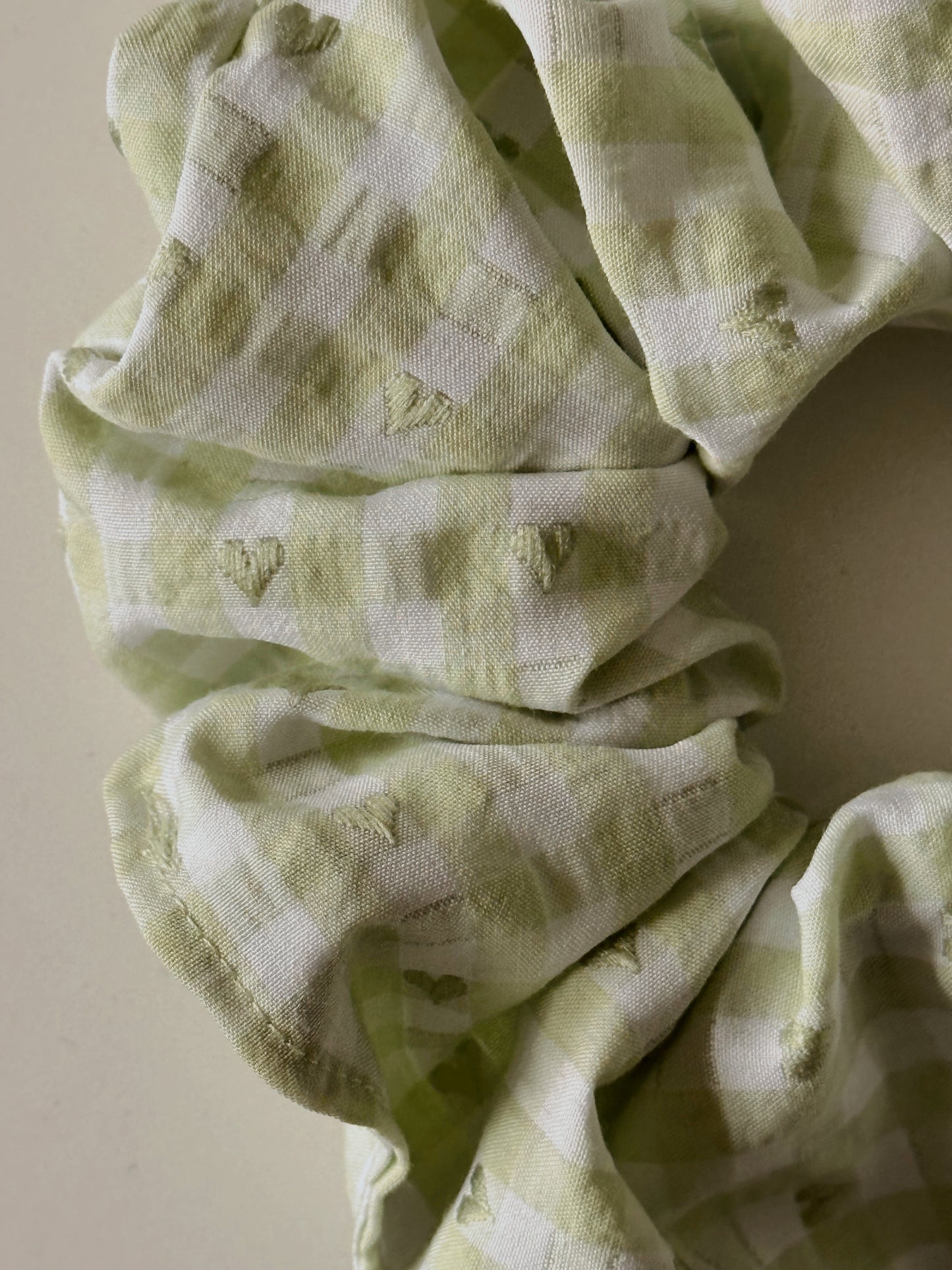 Valentines Pale Green Gingham and Heart Print Scrunchie