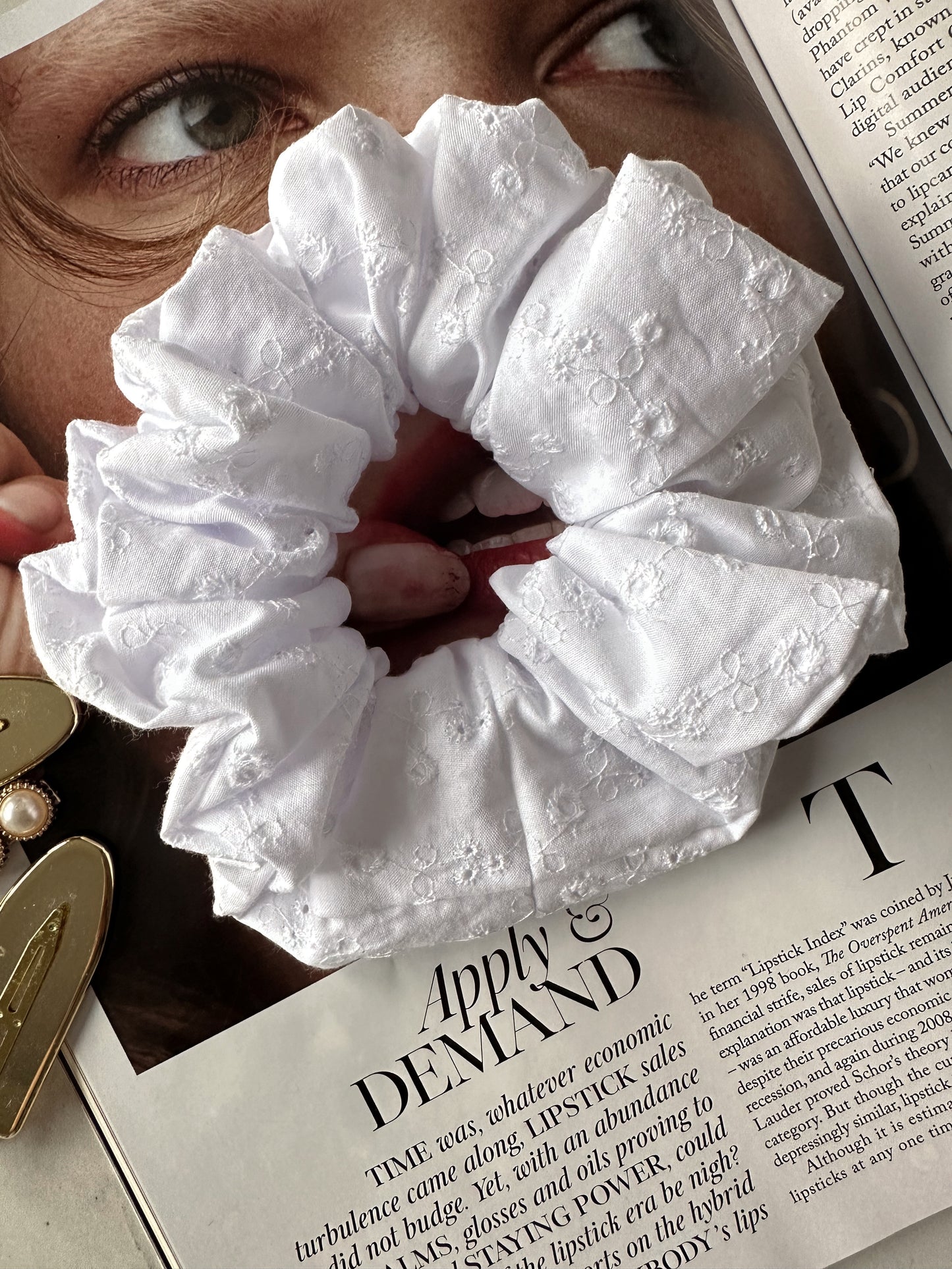 Handmade White Embroidered Scrunchie