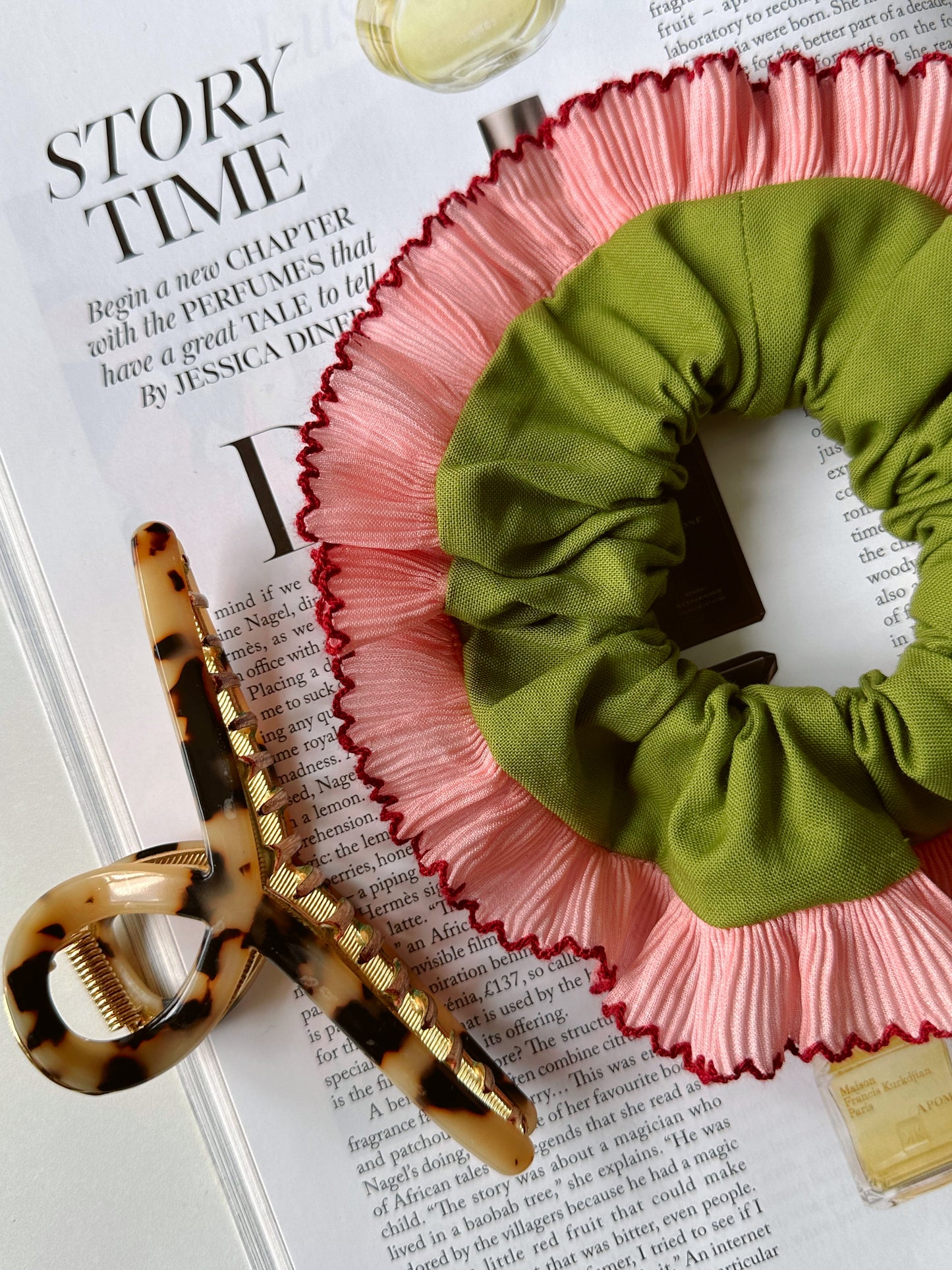 Handmade XL Olive Green Scrunchie with Pink Frill Trim
