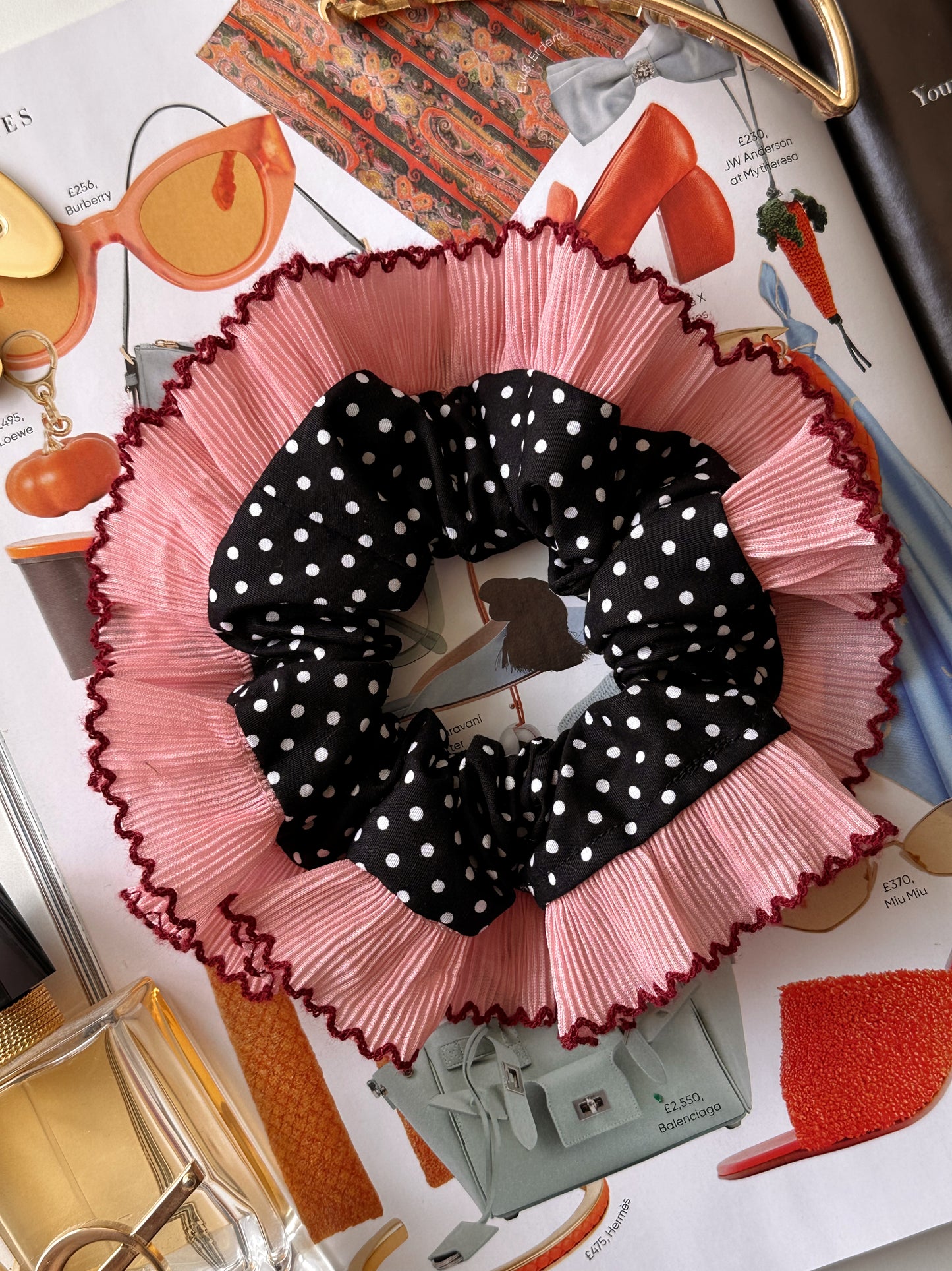 Oversized Black Polkadot Scrunchie with Pink Frill Trim