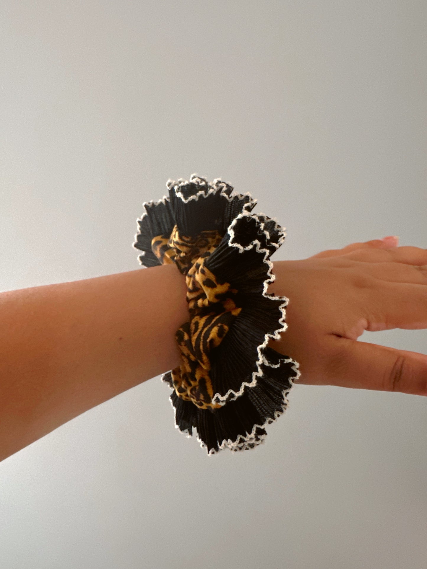 Handmade XL Leopard Print Scrunchie with Black Frill Trim