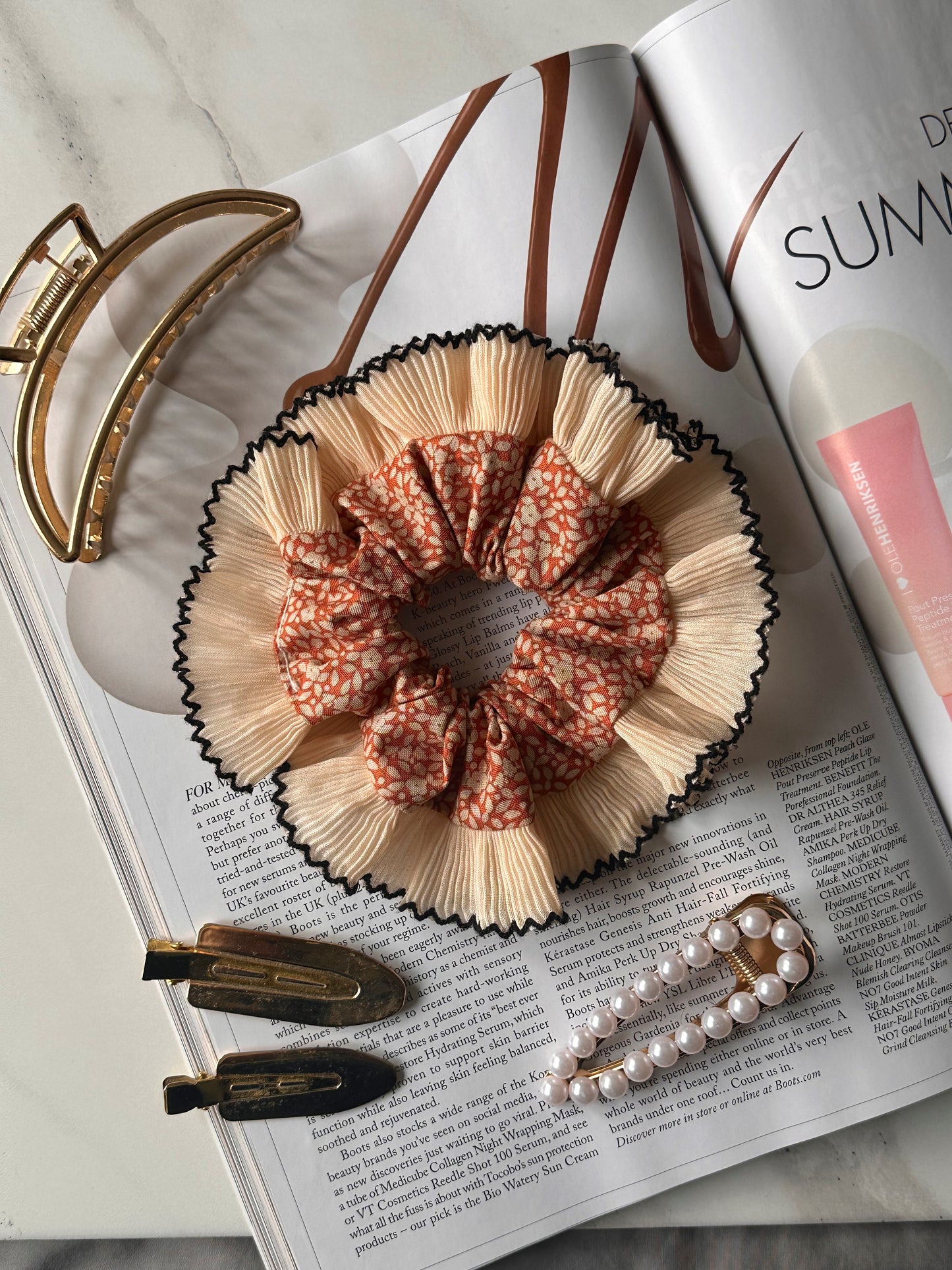 Mini Orange Floral Scrunchie with Cream Frill Trim