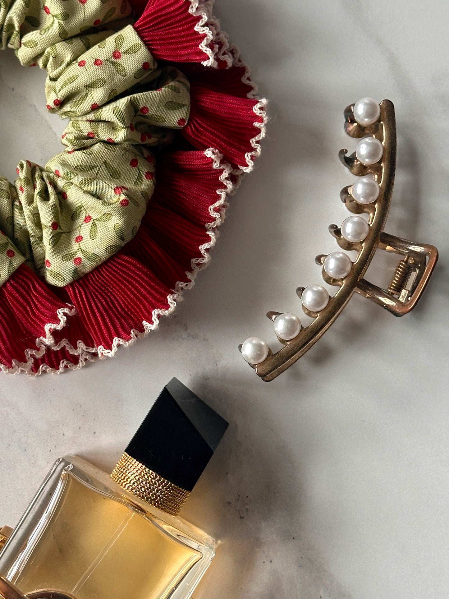 Mistletoe Merry Little Christmas Scrunchie with Red and White Frill Trim